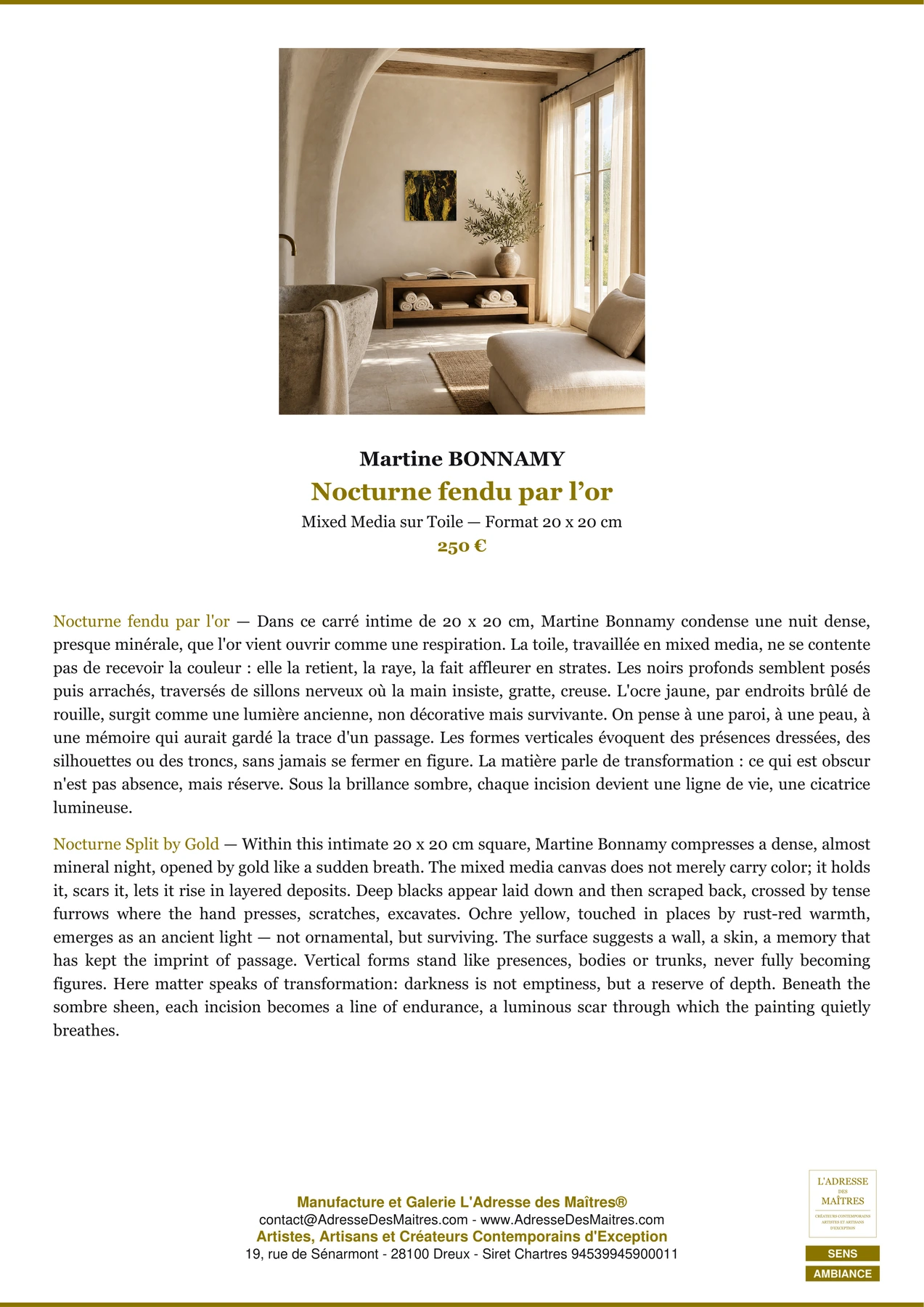 Fiche Premium Ambiance - Nocturne fendu par l’or - Martine BONNAMY - L'Adresse des Maîtres®
