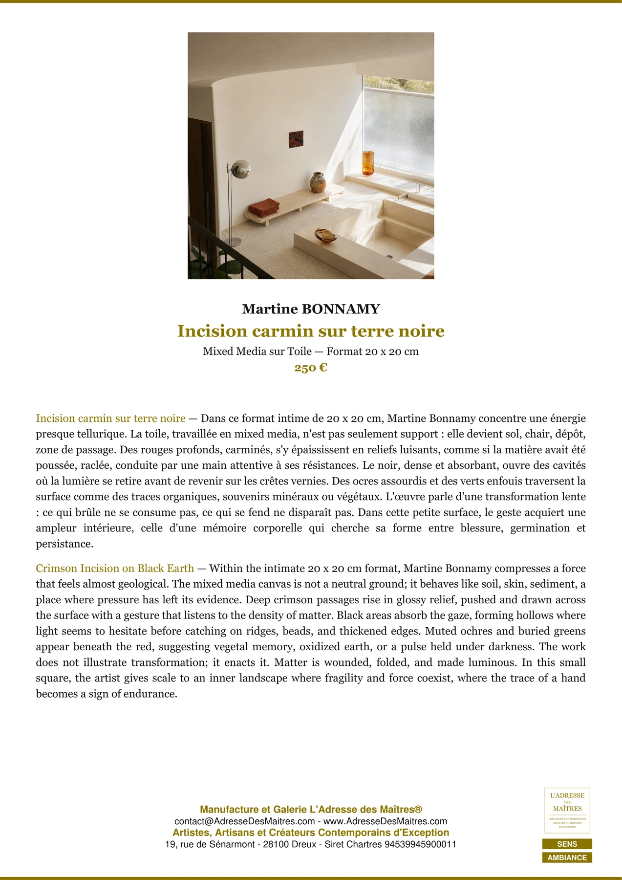 Fiche Premium Ambiance - Incision carmin sur terre noire - Martine BONNAMY - L'Adresse des Maîtres®