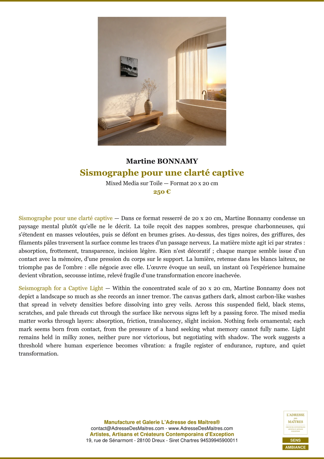 Fiche Premium Ambiance - Sismographe pour une clarté captive - Martine BONNAMY - L'Adresse des Maîtres®