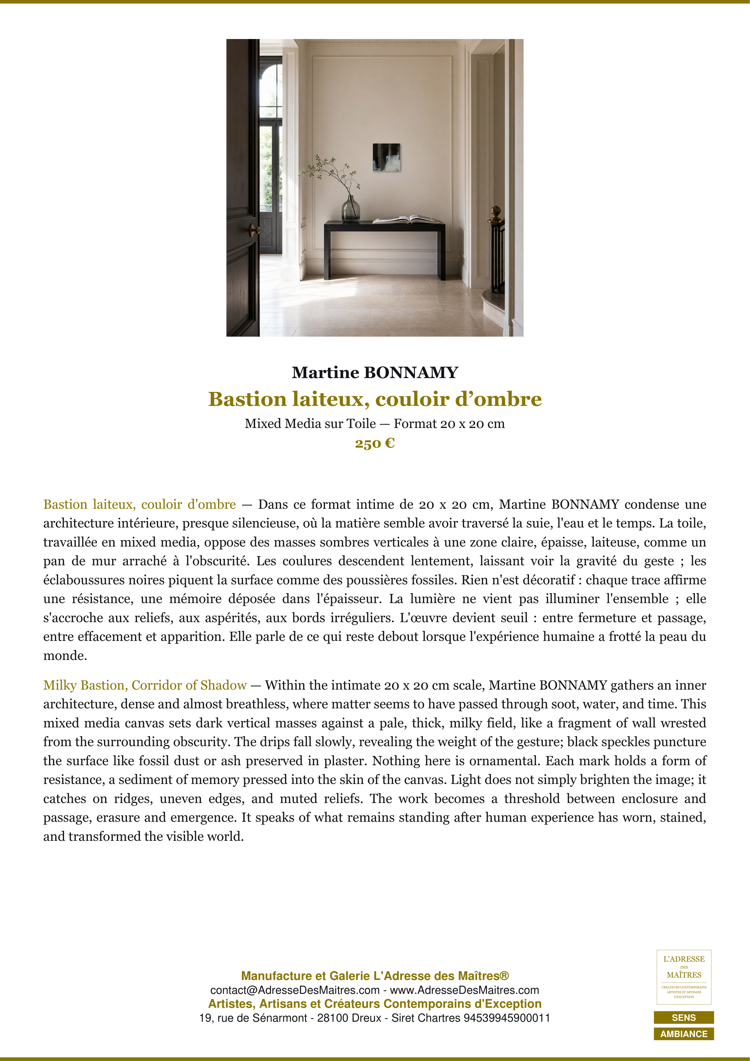 Fiche Premium Ambiance — Bastion laiteux, couloir d’ombre — Martine BONNAMY — L'Adresse des Maîtres®