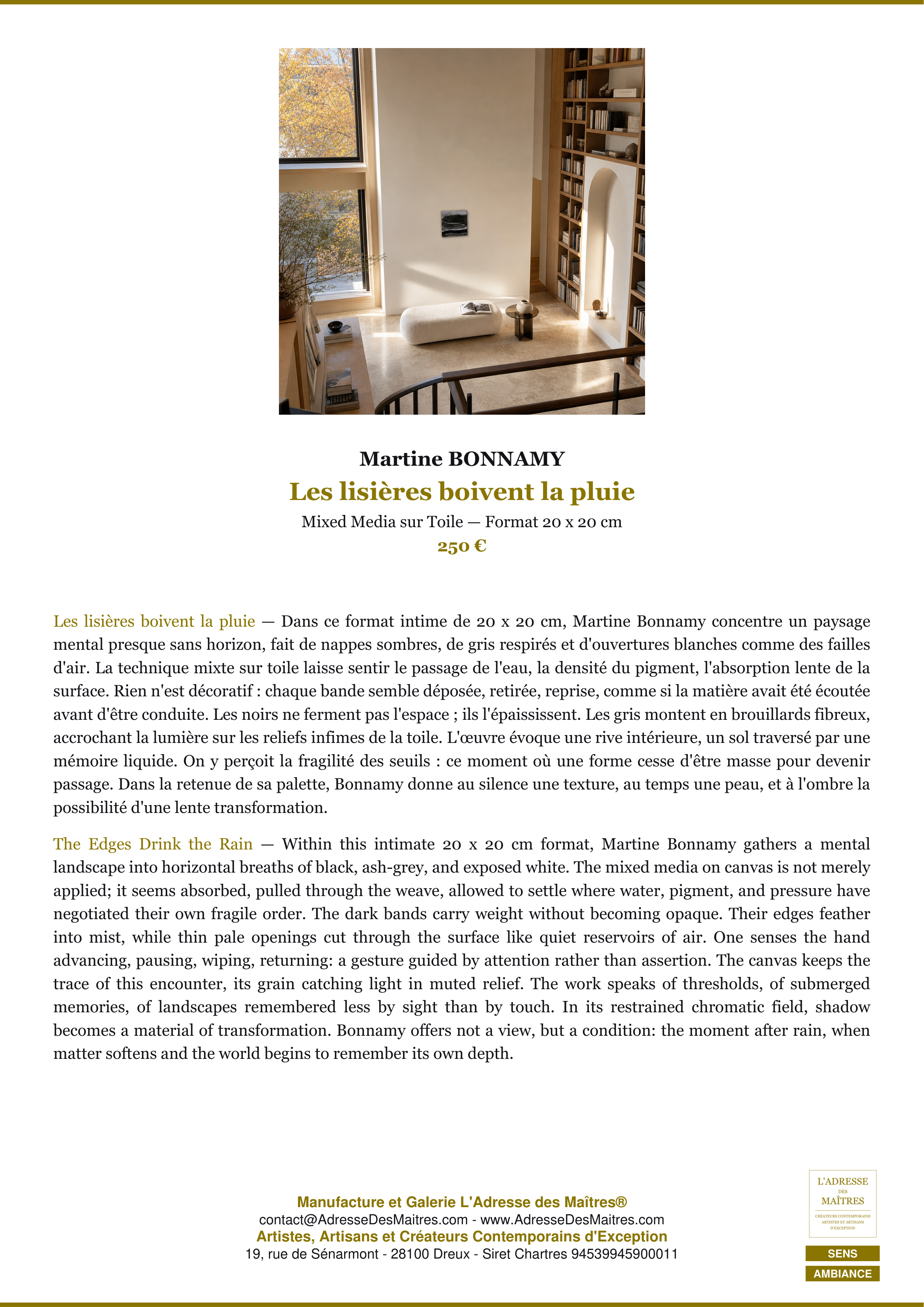 Fiche Premium Ambiance — Les lisières boivent la pluie — Martine BONNAMY — L'Adresse des Maîtres®