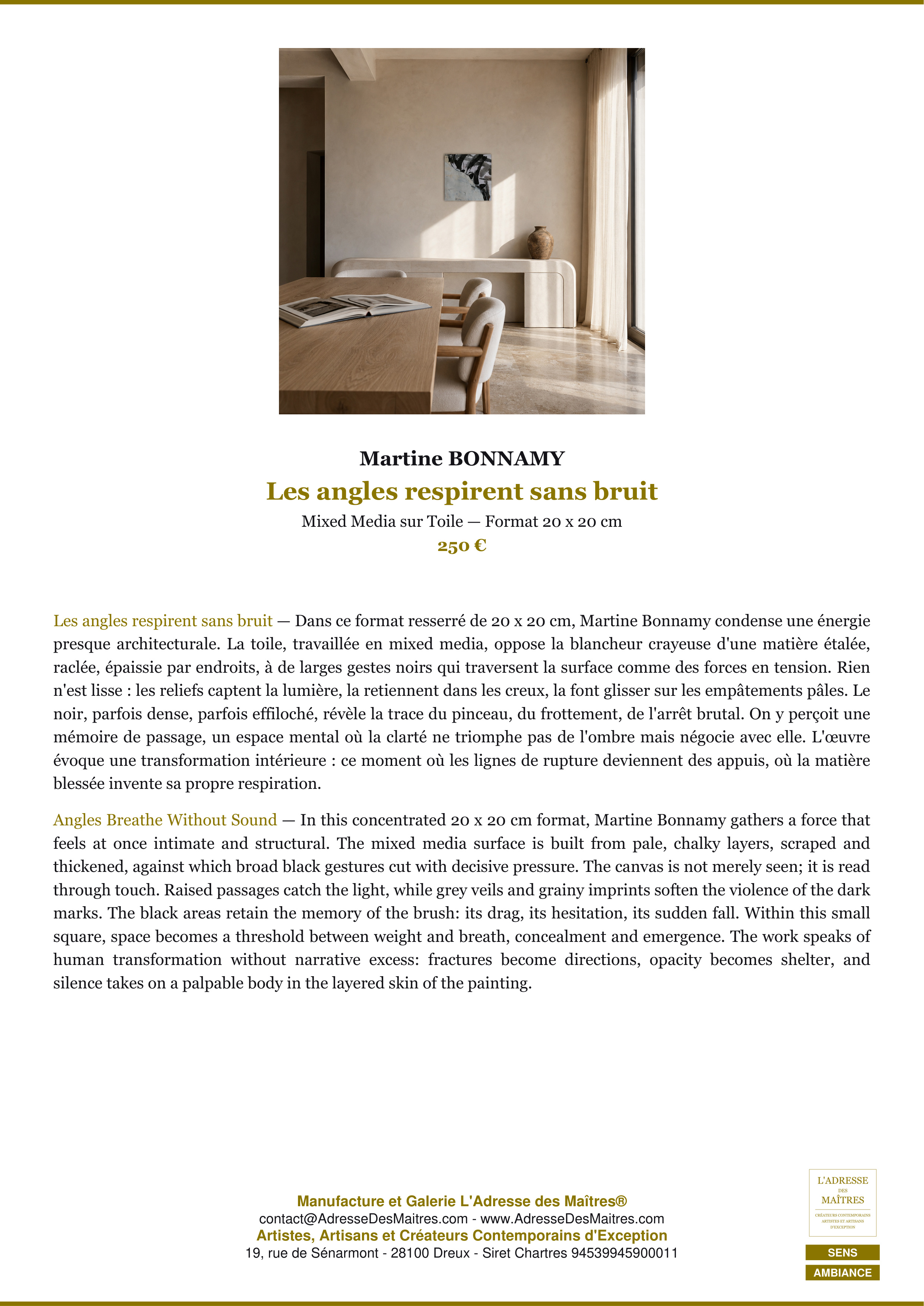 Fiche Premium Ambiance — Les angles respirent sans bruit — Martine BONNAMY — L'Adresse des Maîtres®