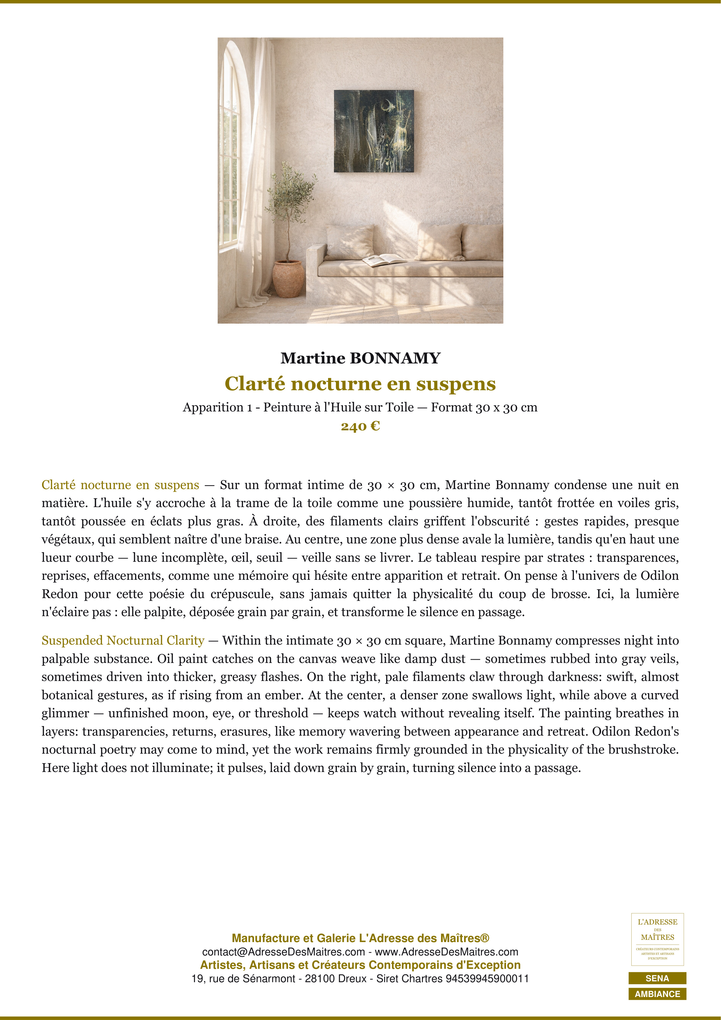 Fiche Premium Ambiance — Clarté nocturne en suspens — Martine BONNAMY — L'Adresse des Maîtres®