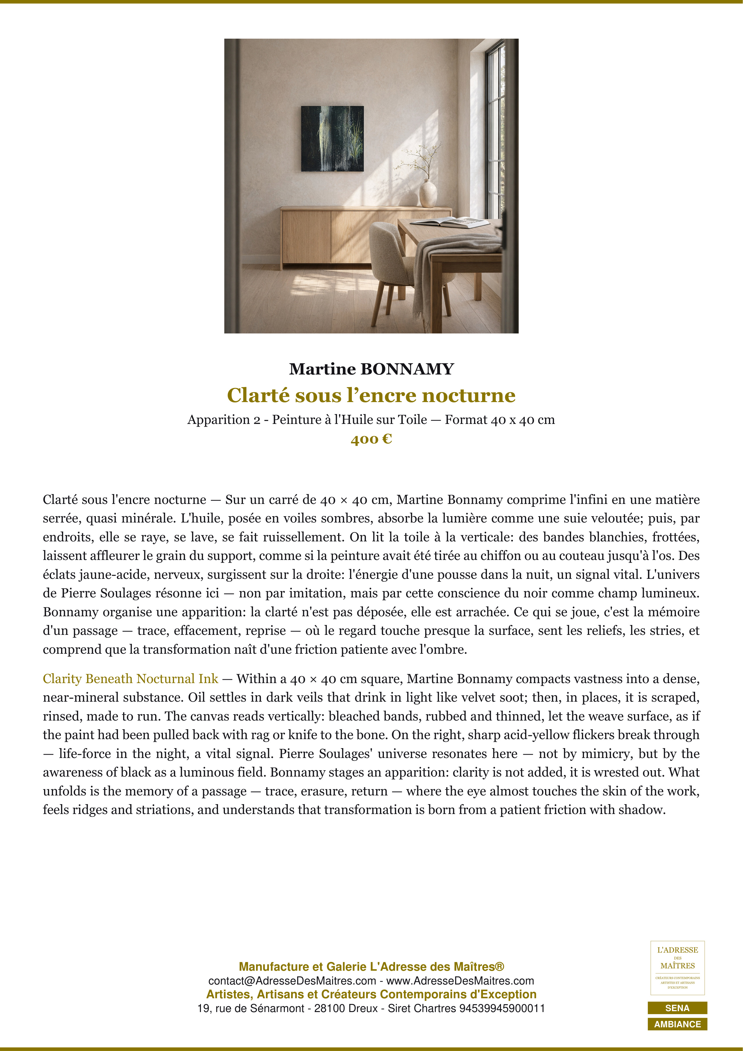 Fiche Premium Ambiance — Clarté sous l’encre nocturne — Martine BONNAMY — L'Adresse des Maîtres®