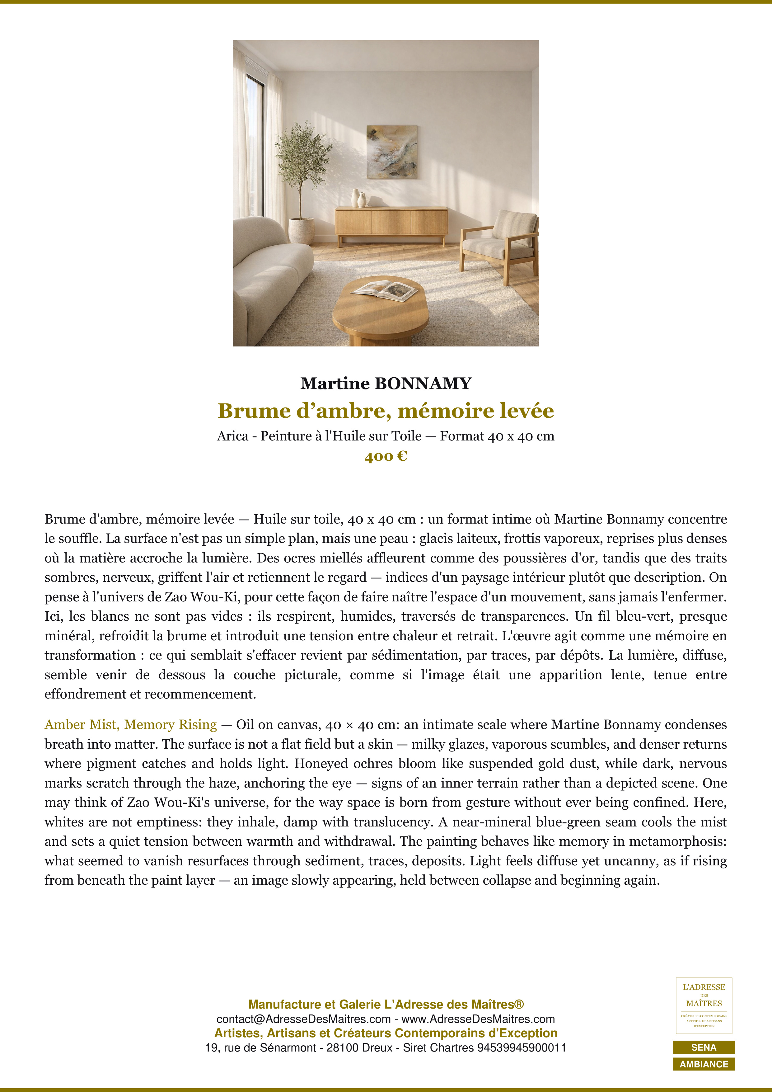 Fiche Premium Ambiance — Brume d’ambre, mémoire levée — Martine BONNAMY — L'Adresse des Maîtres®
