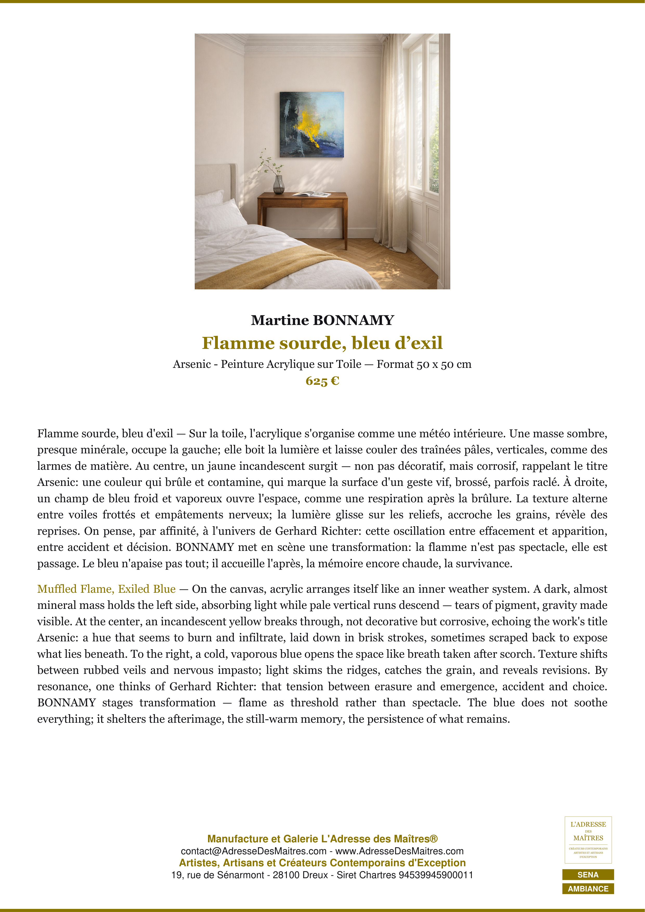 Fiche Premium Ambiance — Flamme sourde, bleu d’exil — Martine BONNAMY — L'Adresse des Maîtres®