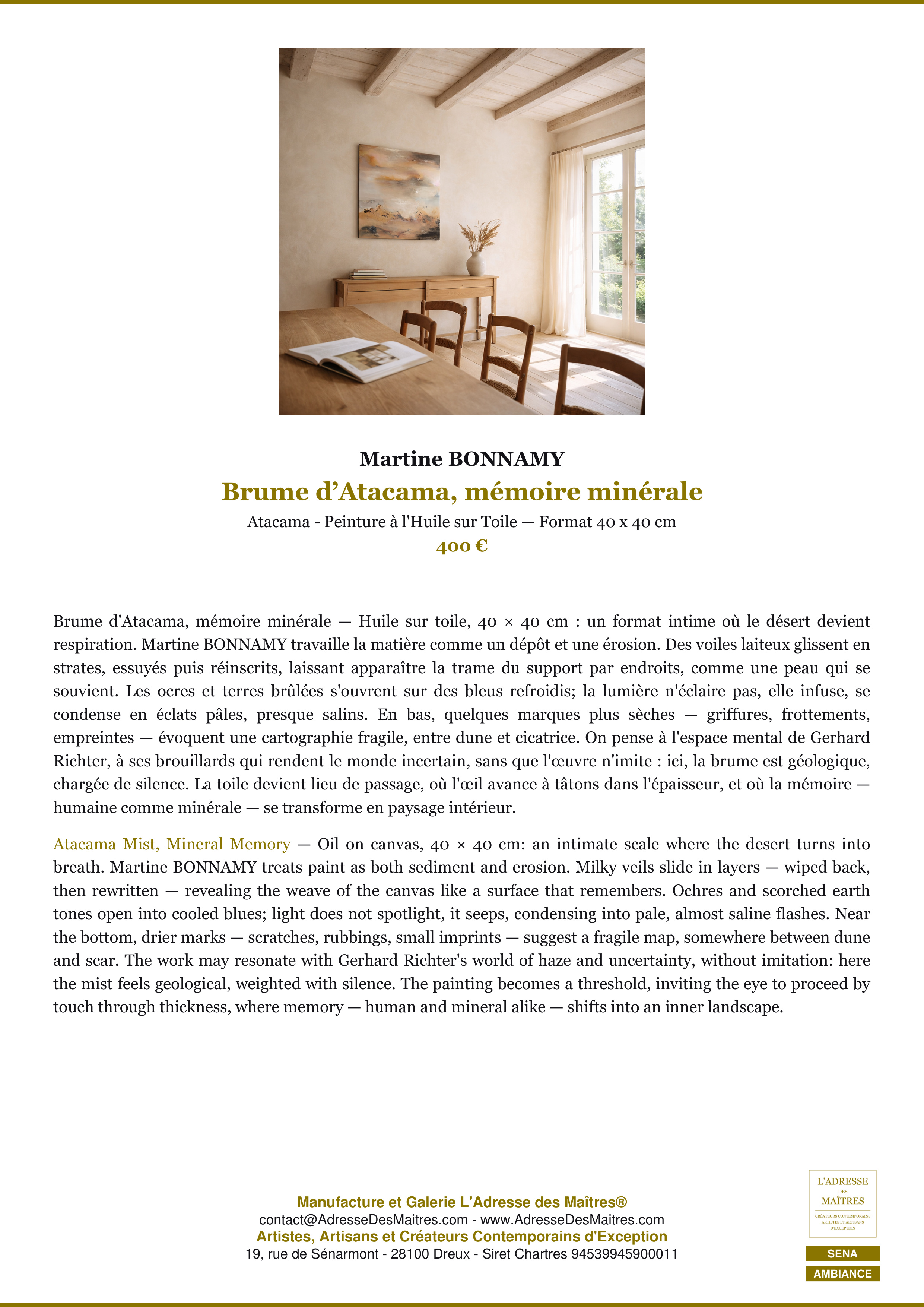 Fiche Premium Ambiance — Brume d’Atacama, mémoire minérale — Martine BONNAMY — L'Adresse des Maîtres®