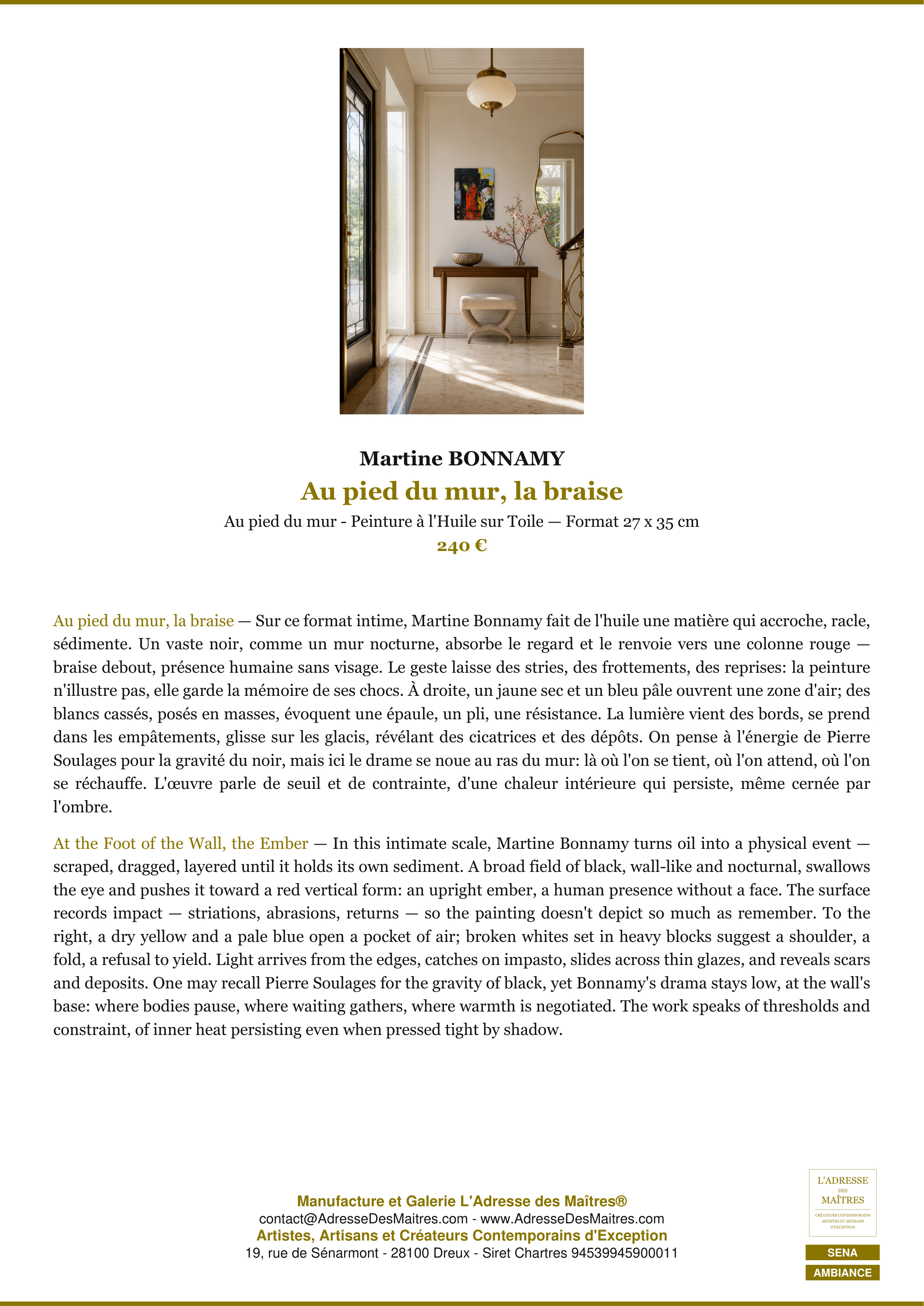 Fiche Premium Ambiance — Au pied du mur, la braise — Martine BONNAMY — L'Adresse des Maîtres®