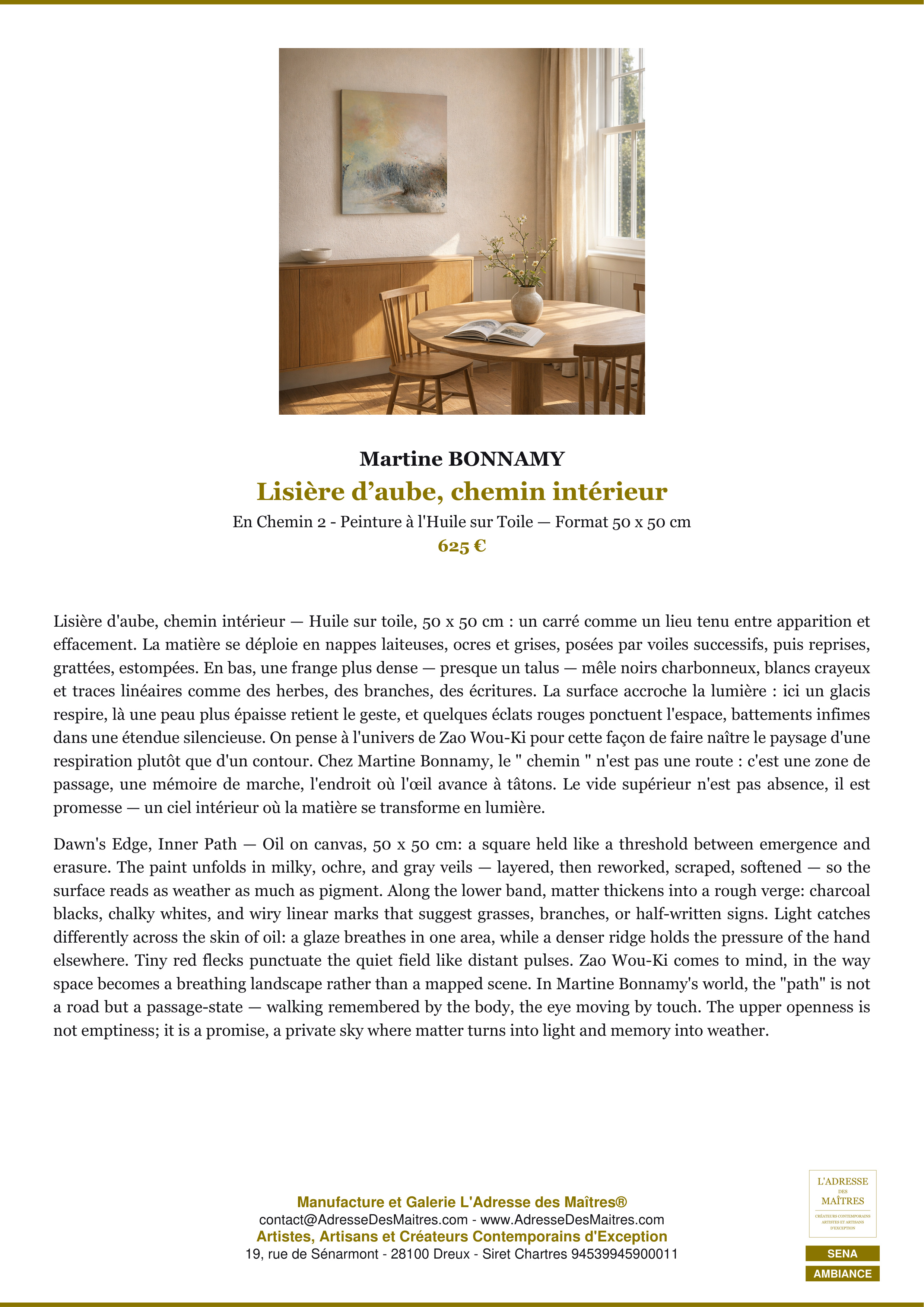 Fiche Premium Ambiance — Lisière d’aube, chemin intérieur — Martine BONNAMY — L'Adresse des Maîtres®