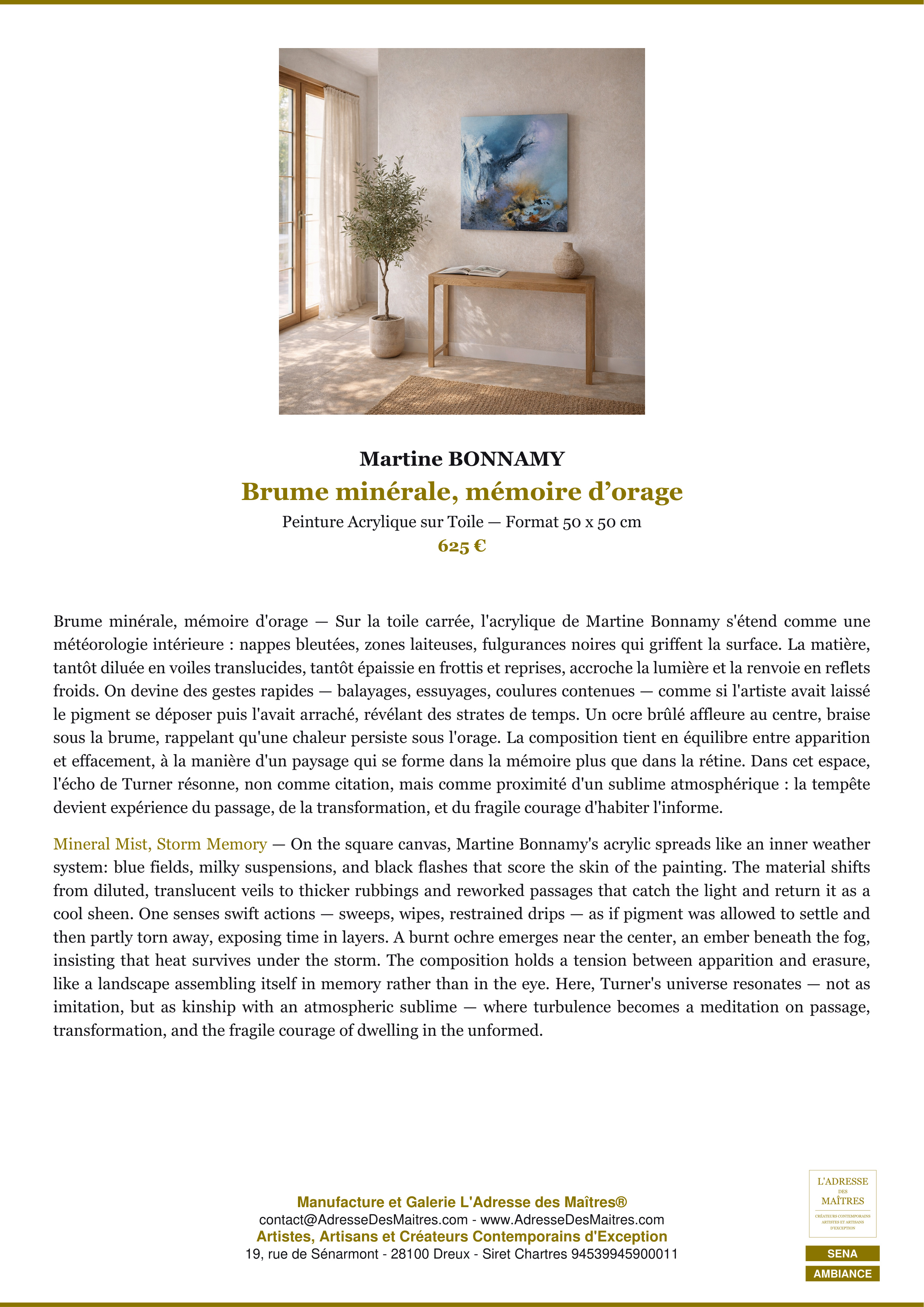 Fiche Premium Ambiance — Brume minérale, mémoire d’orage — Martine BONNAMY — L'Adresse des Maîtres®
