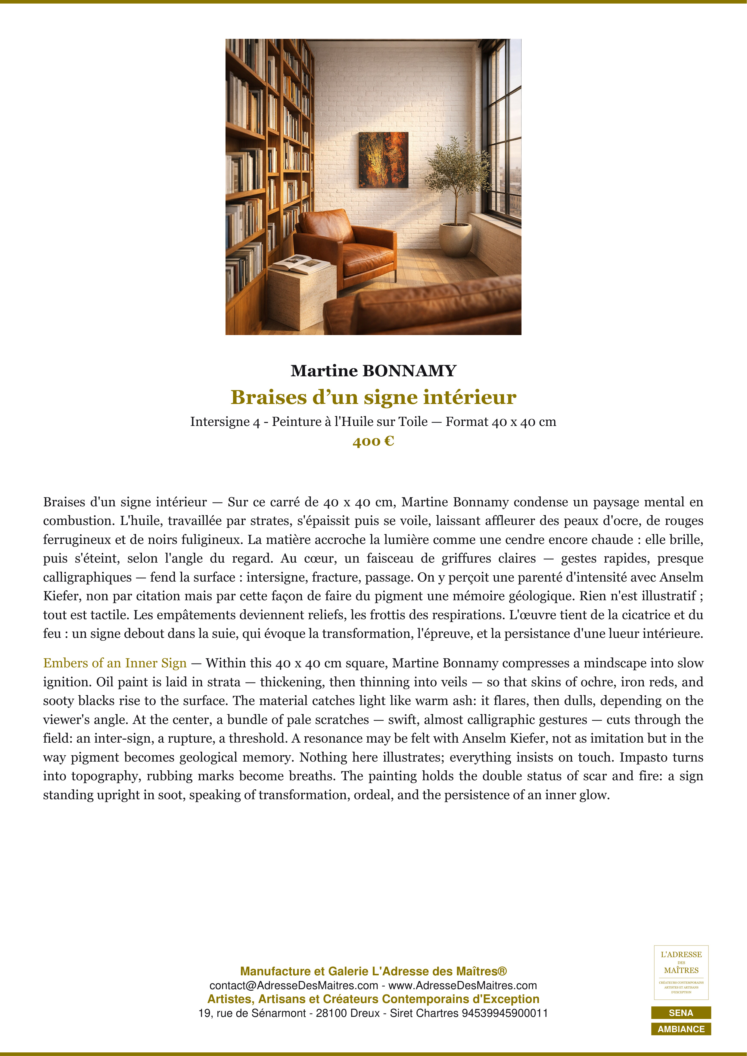 Fiche Premium Ambiance — Braises d’un signe intérieur — Martine BONNAMY — L'Adresse des Maîtres®