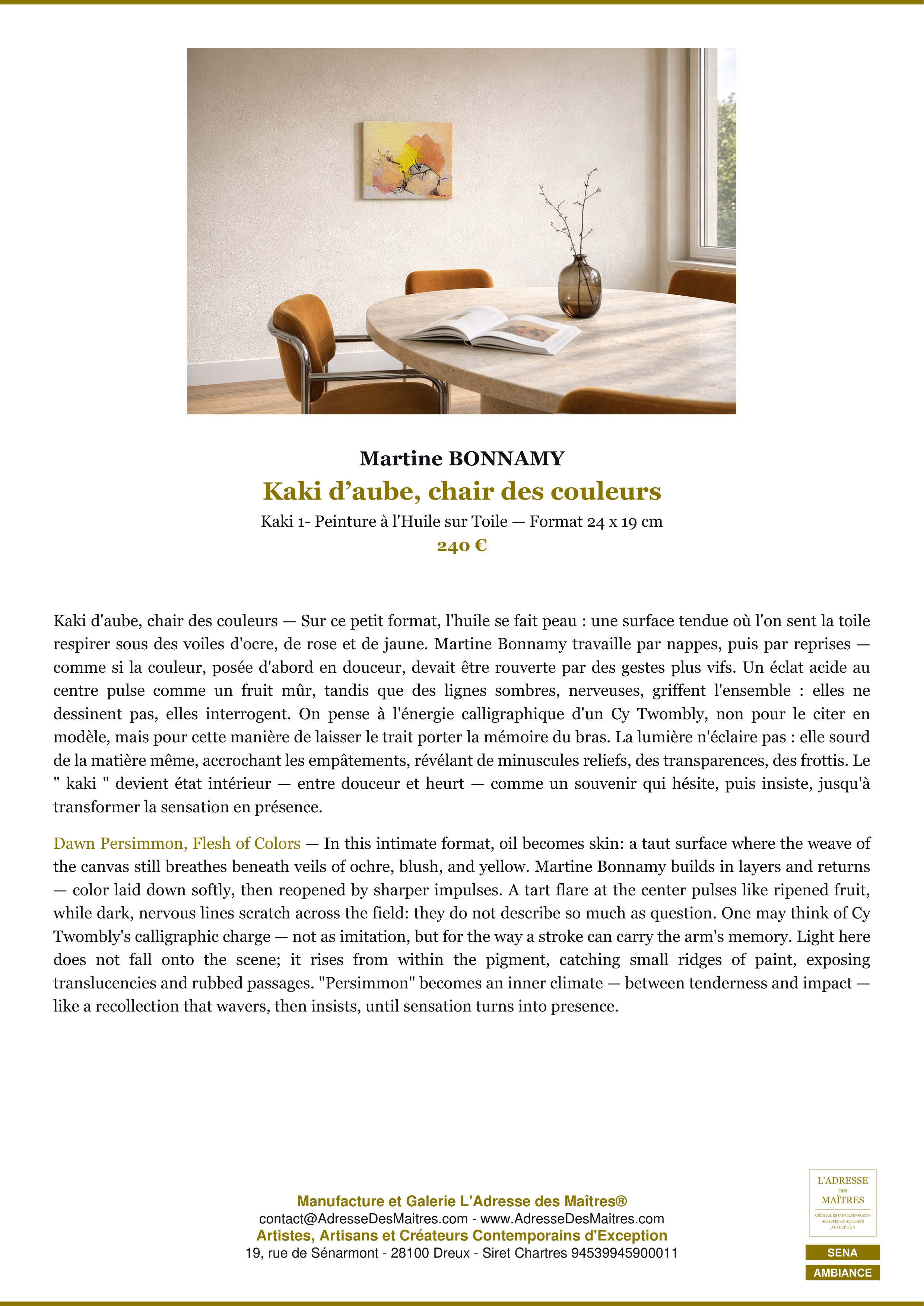 Fiche Premium Ambiance — Kaki d’aube, chair des couleurs — Martine BONNAMY — L'Adresse des Maîtres®