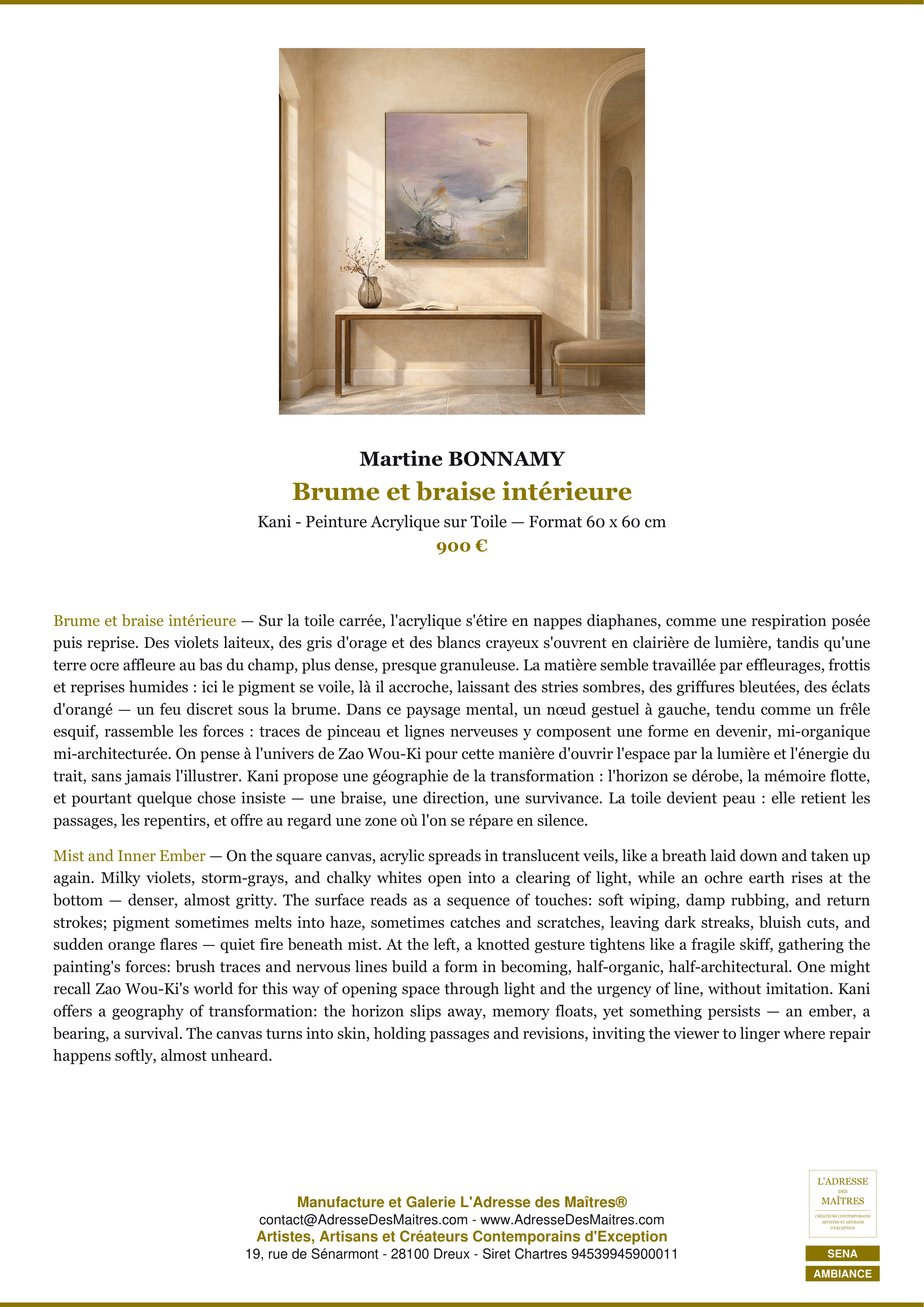 Fiche Premium Ambiance — Brume et braise intérieure — Martine BONNAMY — L'Adresse des Maîtres®