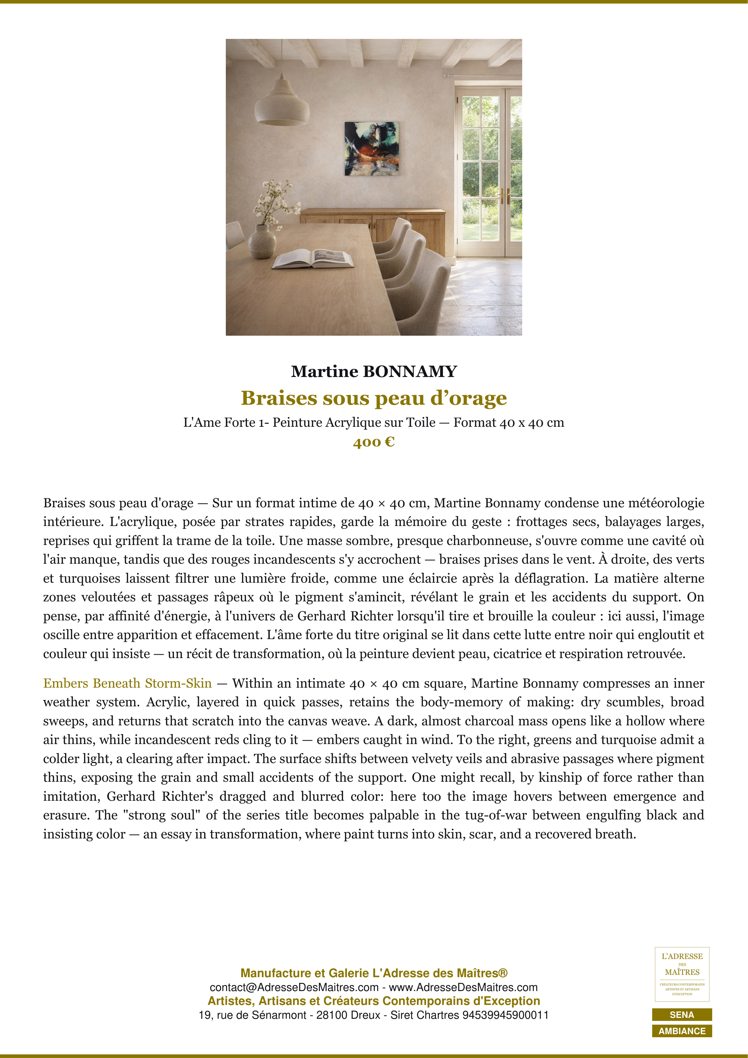 Fiche Premium Ambiance — Braises sous peau d’orage — Martine BONNAMY — L'Adresse des Maîtres®