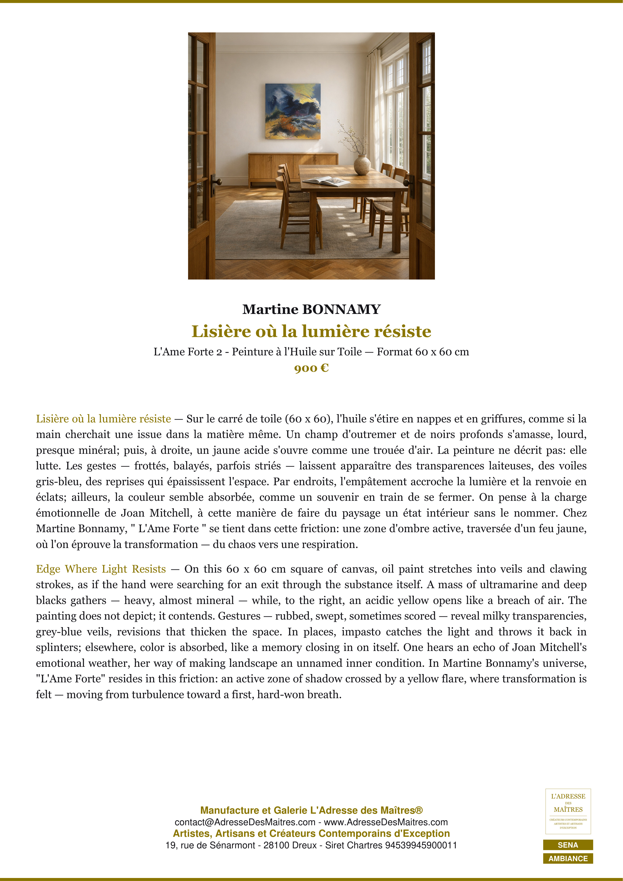 Fiche Premium Ambiance — Lisière où la lumière résiste — Martine BONNAMY — L'Adresse des Maîtres®