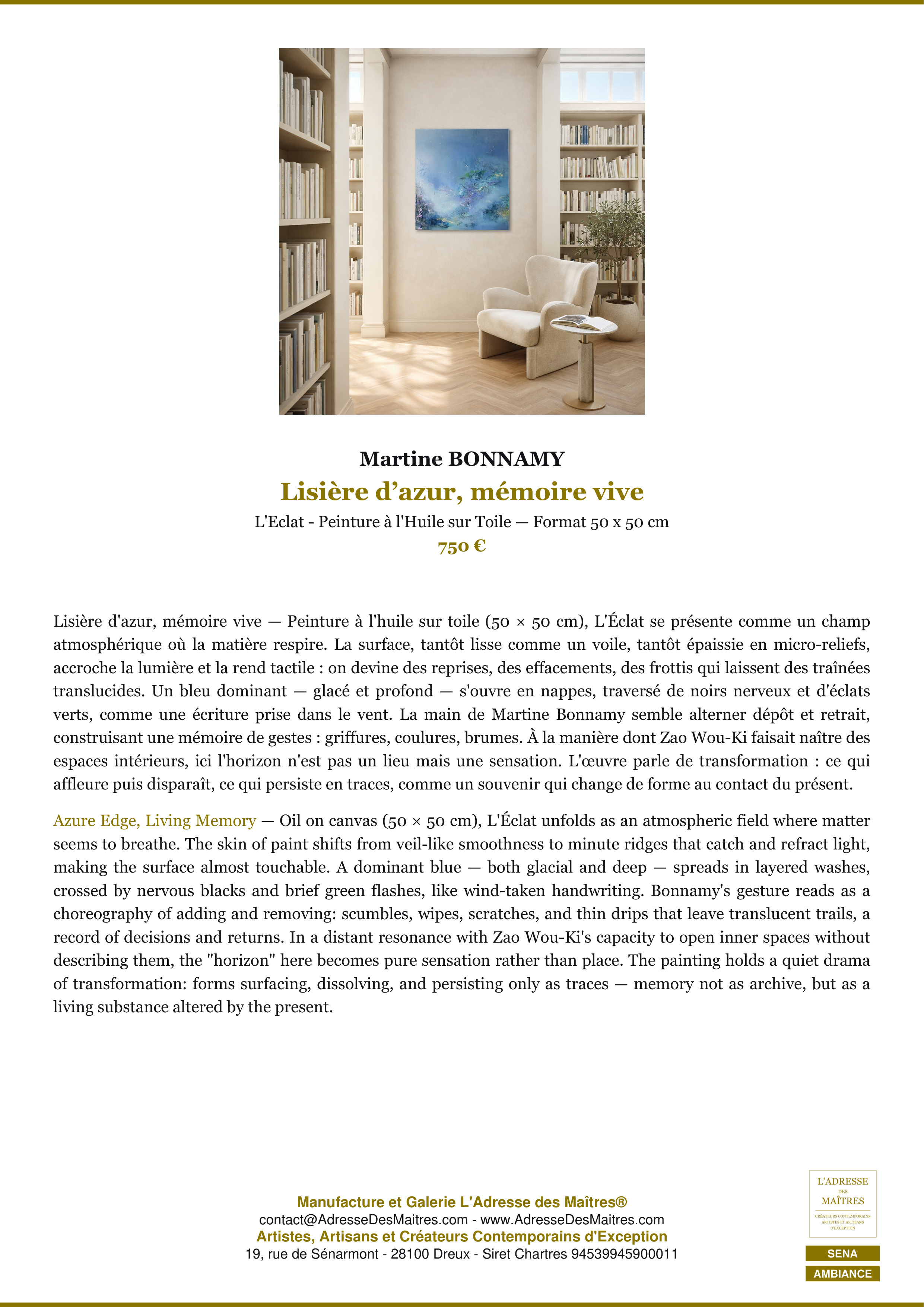Fiche Premium Ambiance — Lisière d’azur, mémoire vive — Martine BONNAMY — L'Adresse des Maîtres®