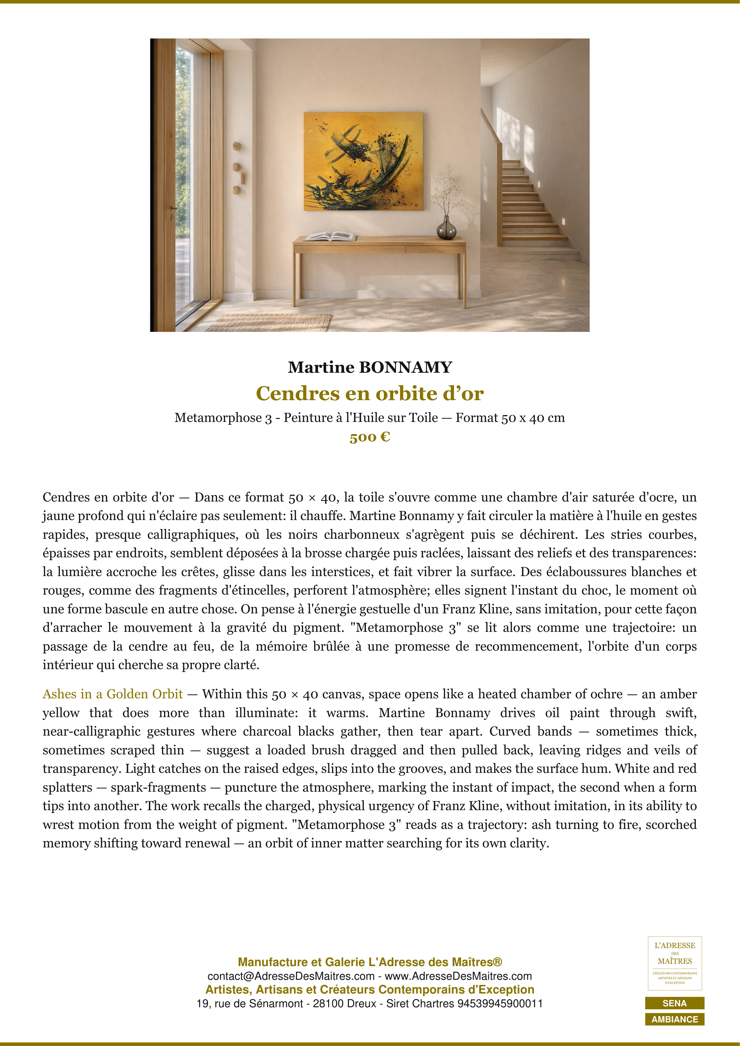 Fiche Premium Ambiance — Cendres en orbite d’or — Martine BONNAMY — L'Adresse des Maîtres®