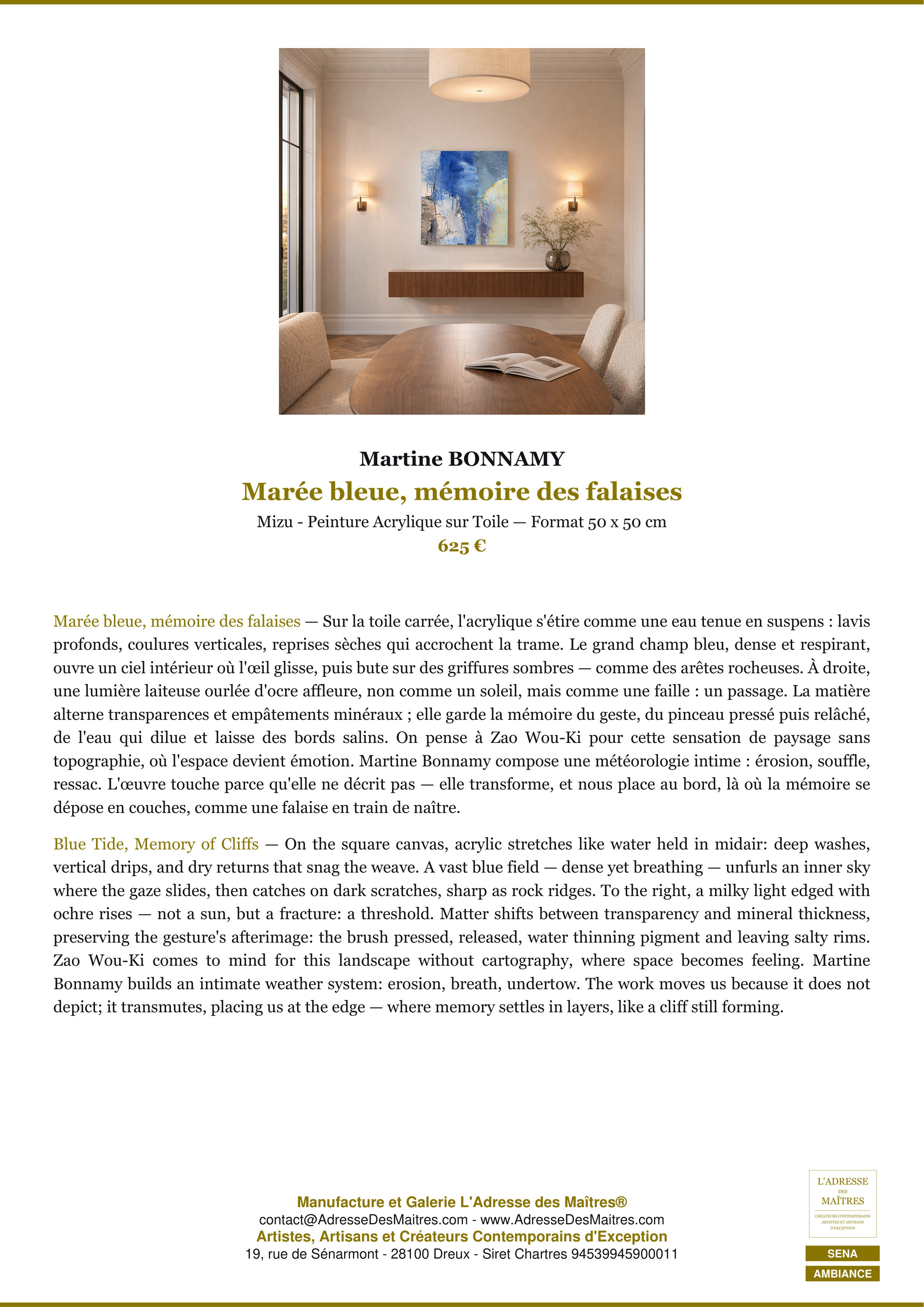 Fiche Premium Ambiance — Marée bleue, mémoire des falaises — Martine BONNAMY — L'Adresse des Maîtres®