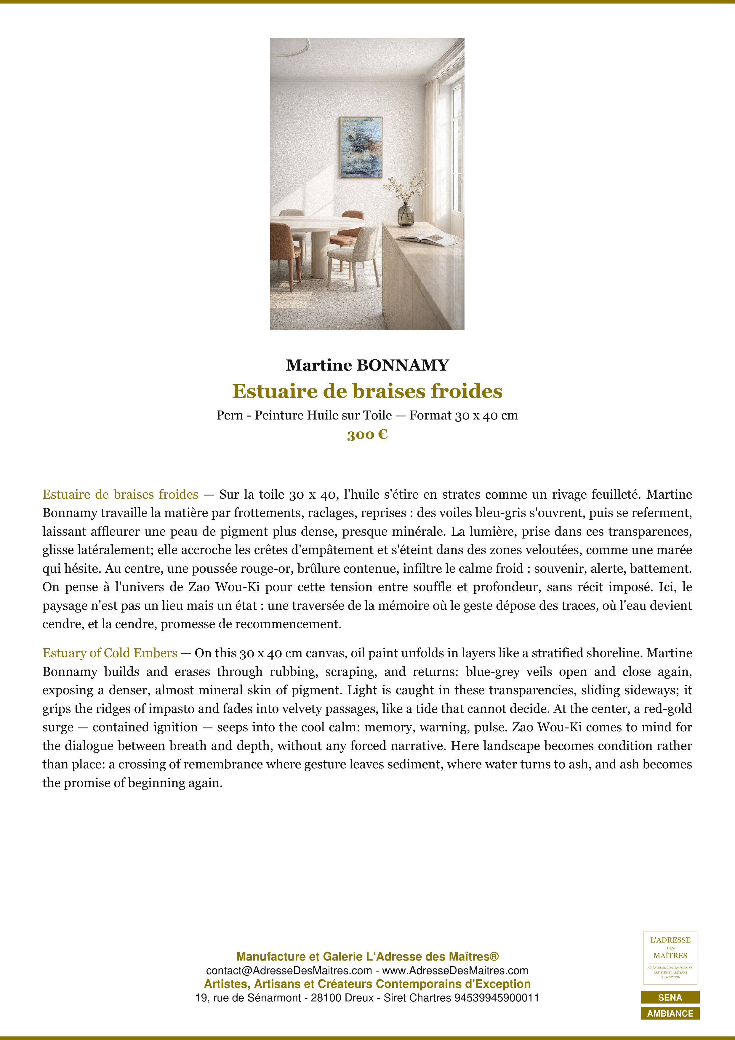 Fiche Premium Ambiance — Estuaire de braises froides — Martine BONNAMY — L'Adresse des Maîtres®