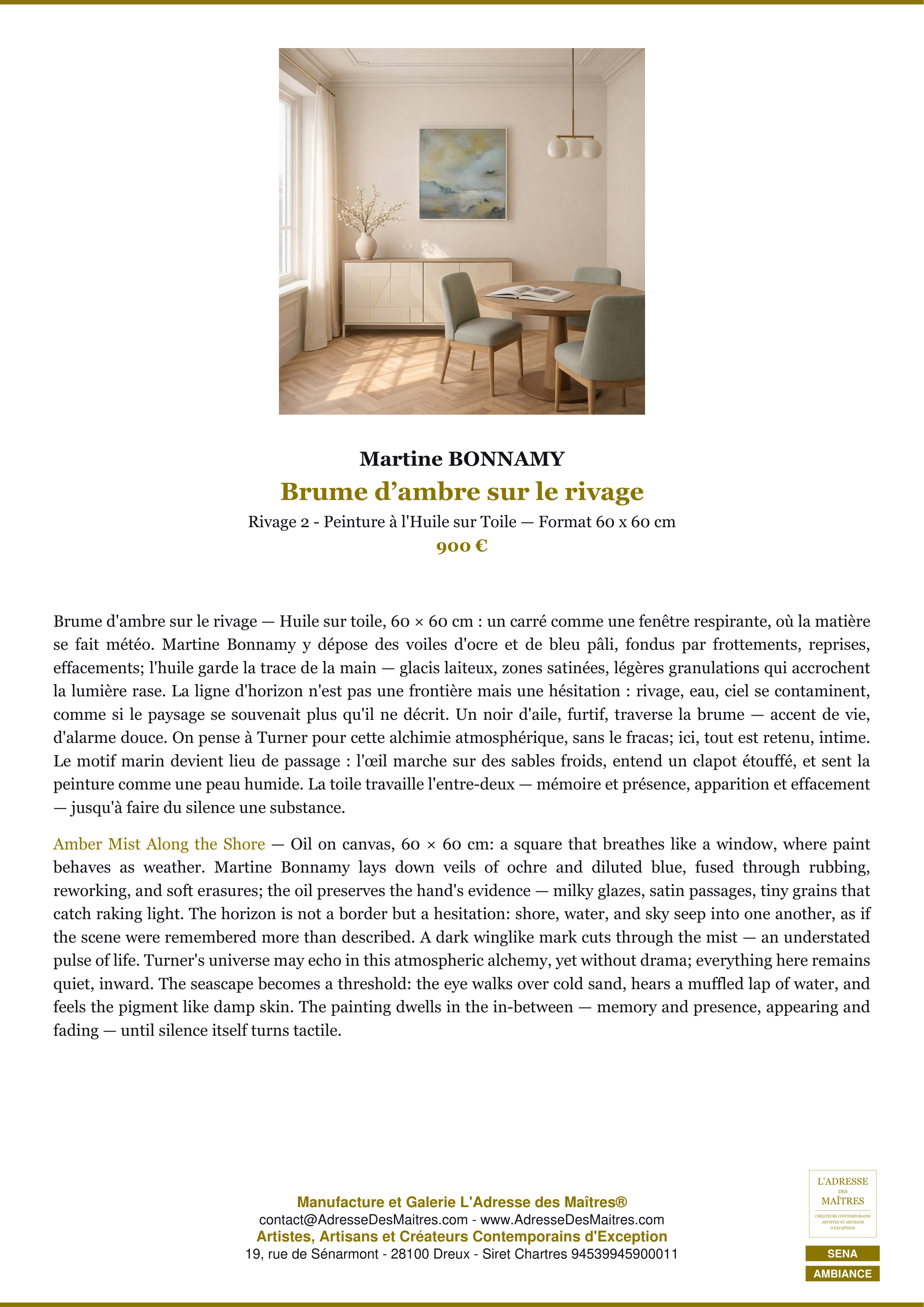 Fiche Premium Ambiance — Brume d’ambre sur le rivage — Martine BONNAMY — L'Adresse des Maîtres®