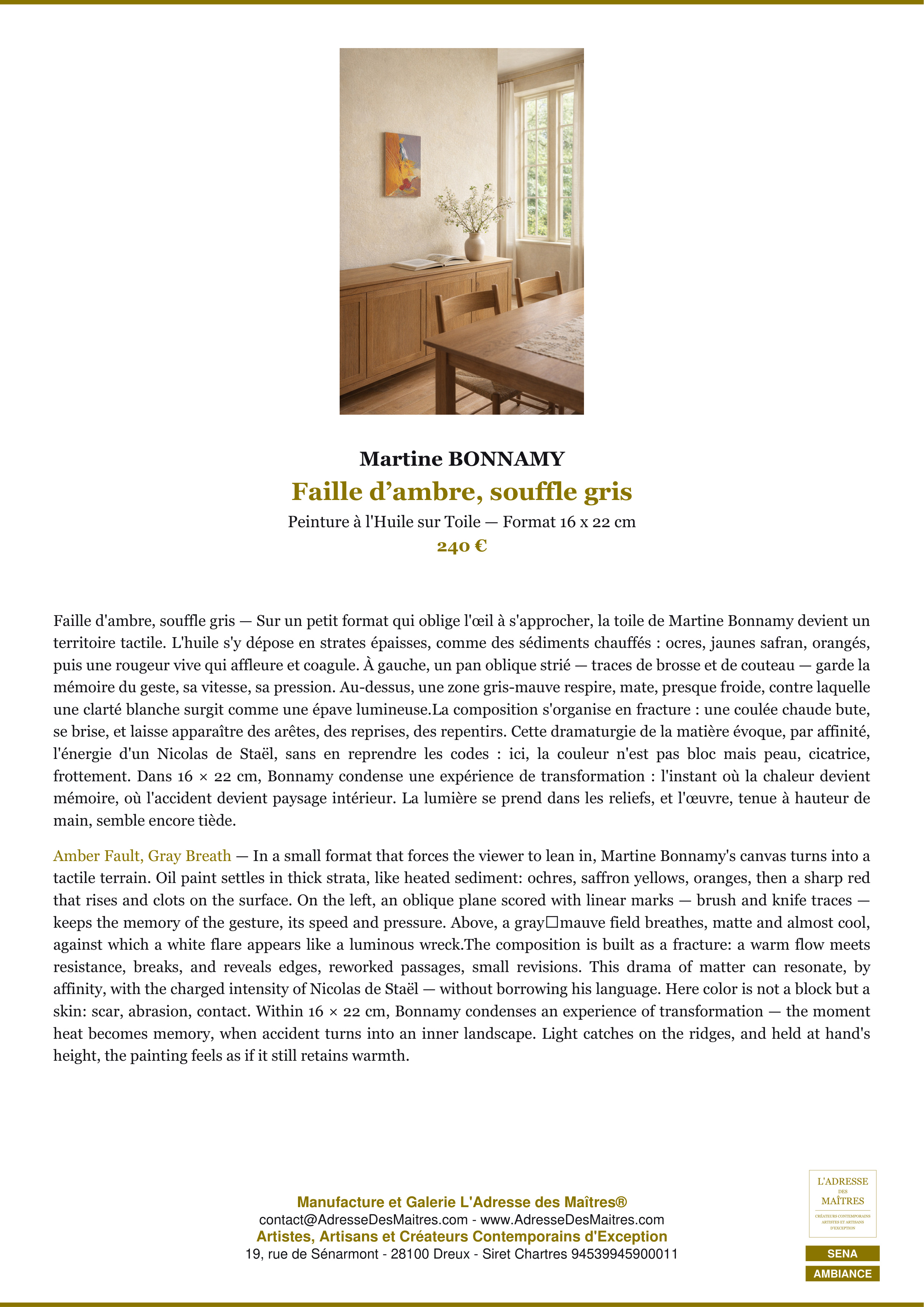 Fiche Premium Ambiance — Faille d’ambre, souffle gris — Martine BONNAMY — L'Adresse des Maîtres®