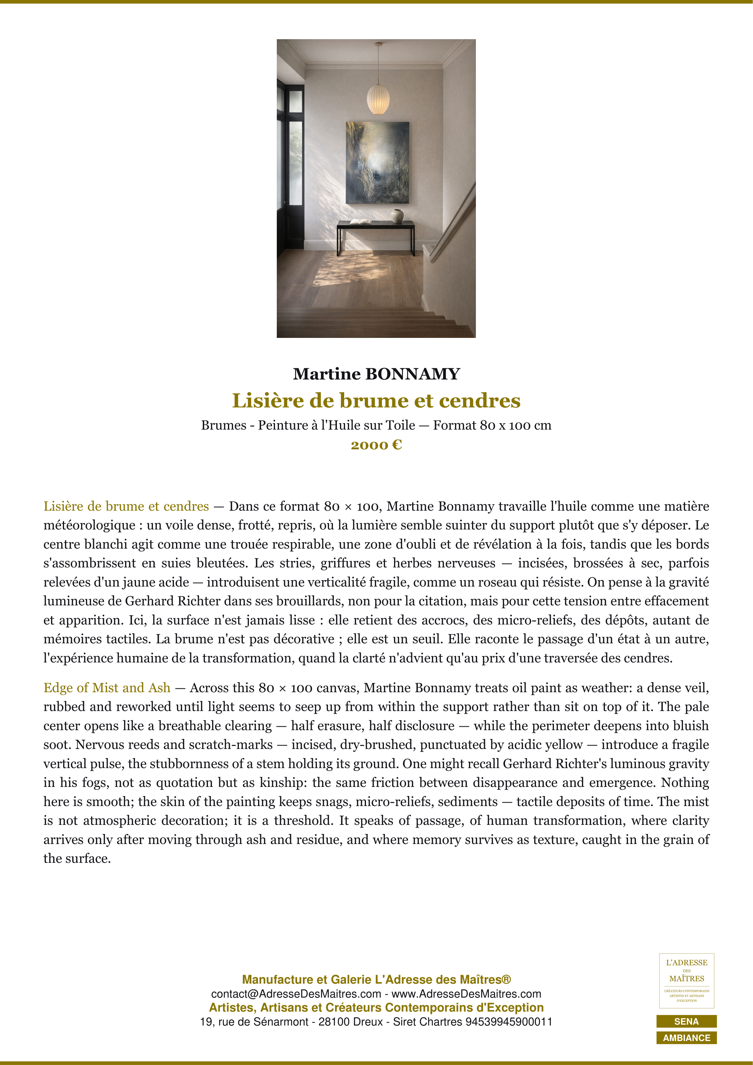 Fiche Premium Ambiance — Lisière de brume et cendres — Martine BONNAMY — L'Adresse des Maîtres®