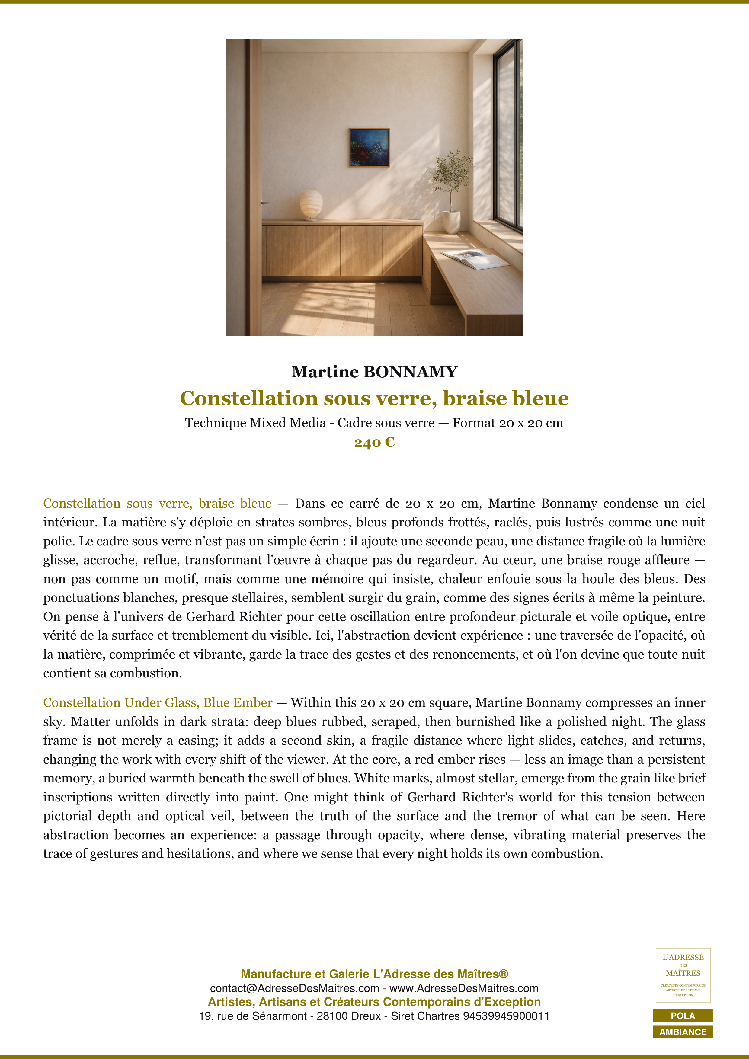Fiche Premium Ambiance — Constellation sous verre, braise bleue — Martine BONNAMY — L'Adresse des Maîtres®