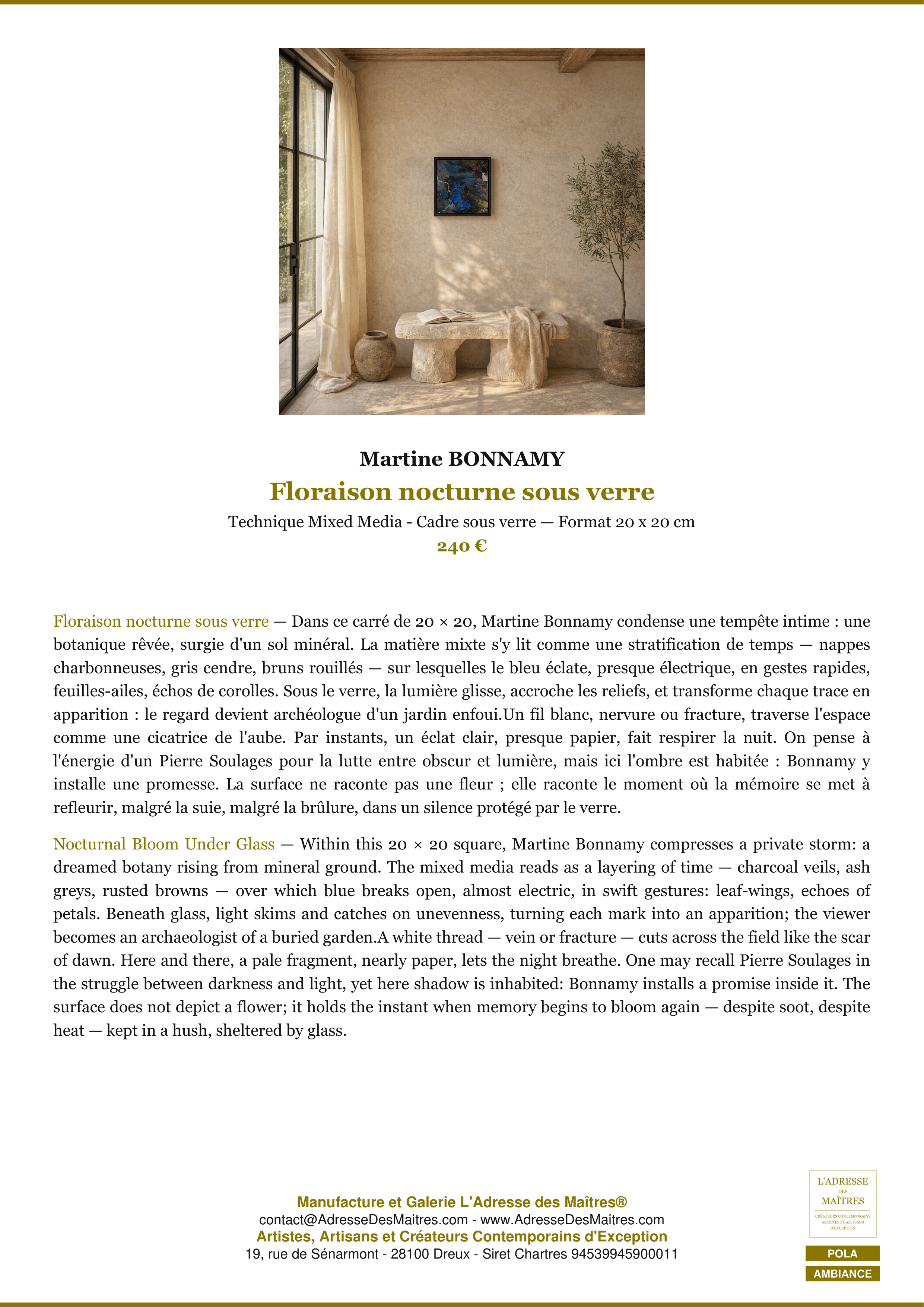 Fiche Premium Ambiance — Floraison nocturne sous verre — Martine BONNAMY — L'Adresse des Maîtres®