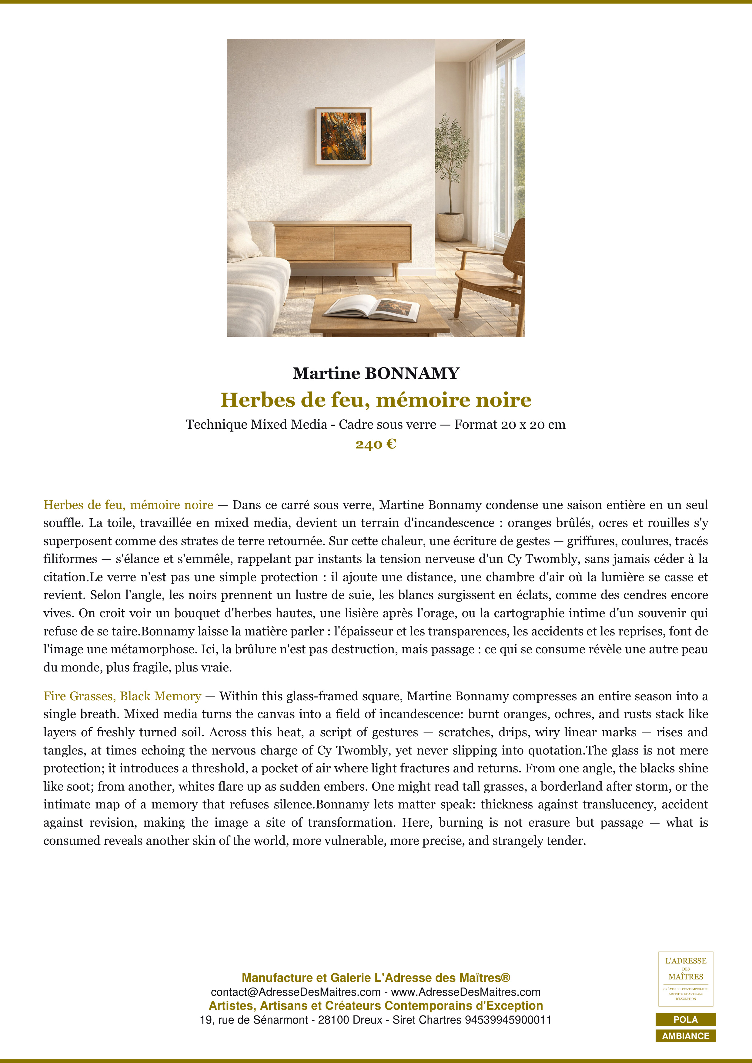 Fiche Premium Ambiance — Herbes de feu, mémoire noire — Martine BONNAMY — L'Adresse des Maîtres®