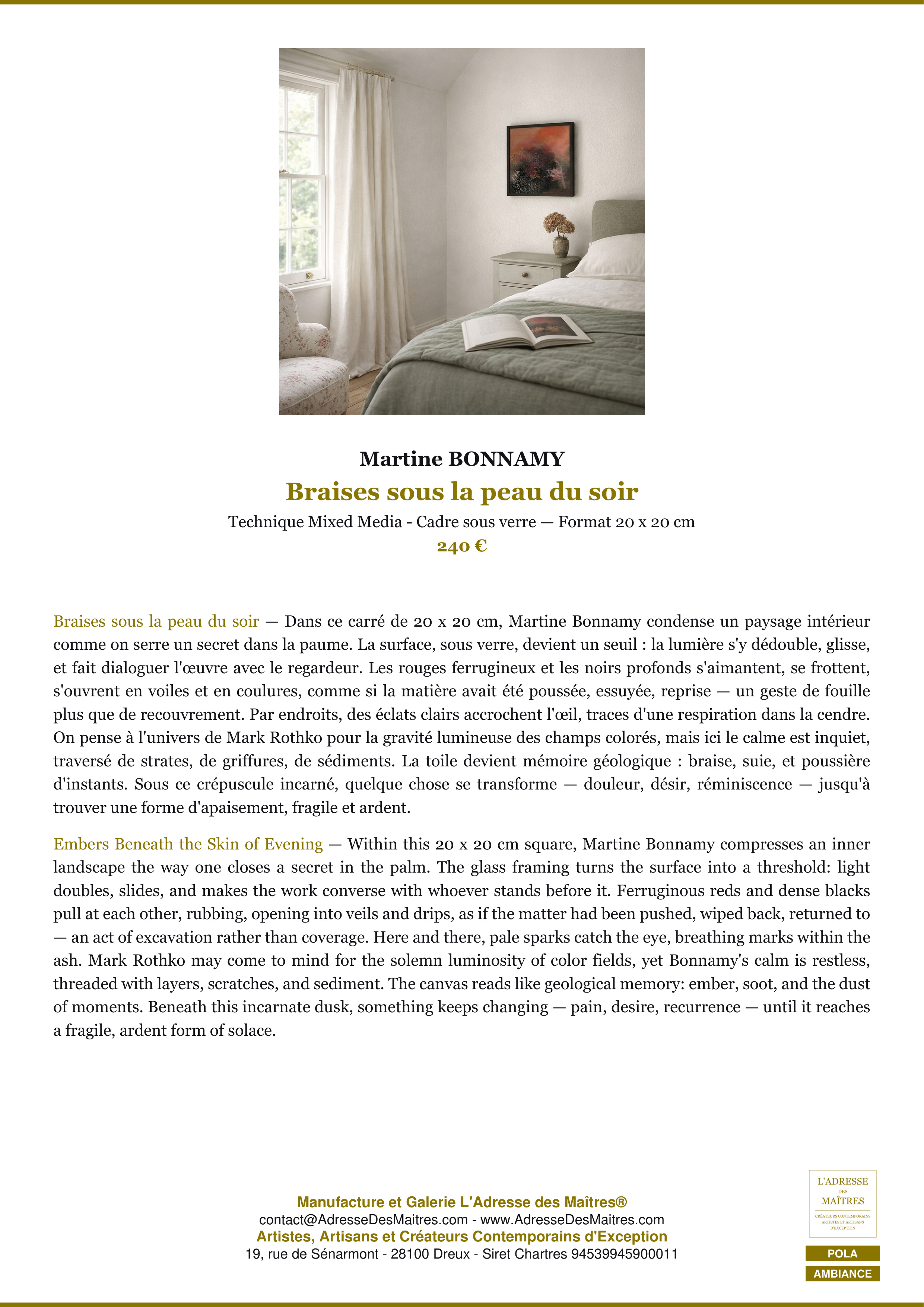 Fiche Premium Ambiance — Braises sous la peau du soir — Martine BONNAMY — L'Adresse des Maîtres®