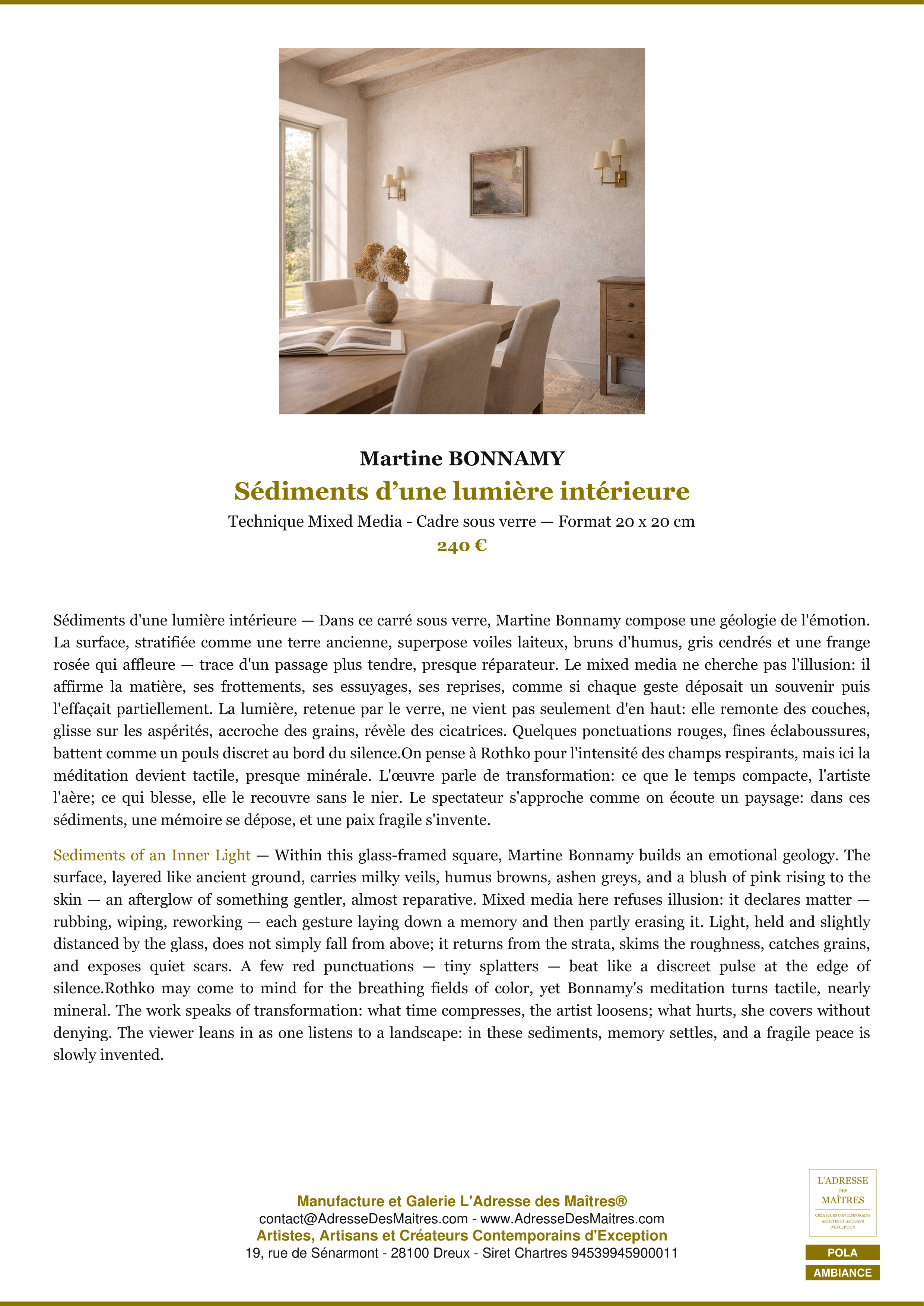 Fiche Premium Ambiance — Sédiments d’une lumière intérieure — Martine BONNAMY — L'Adresse des Maîtres®