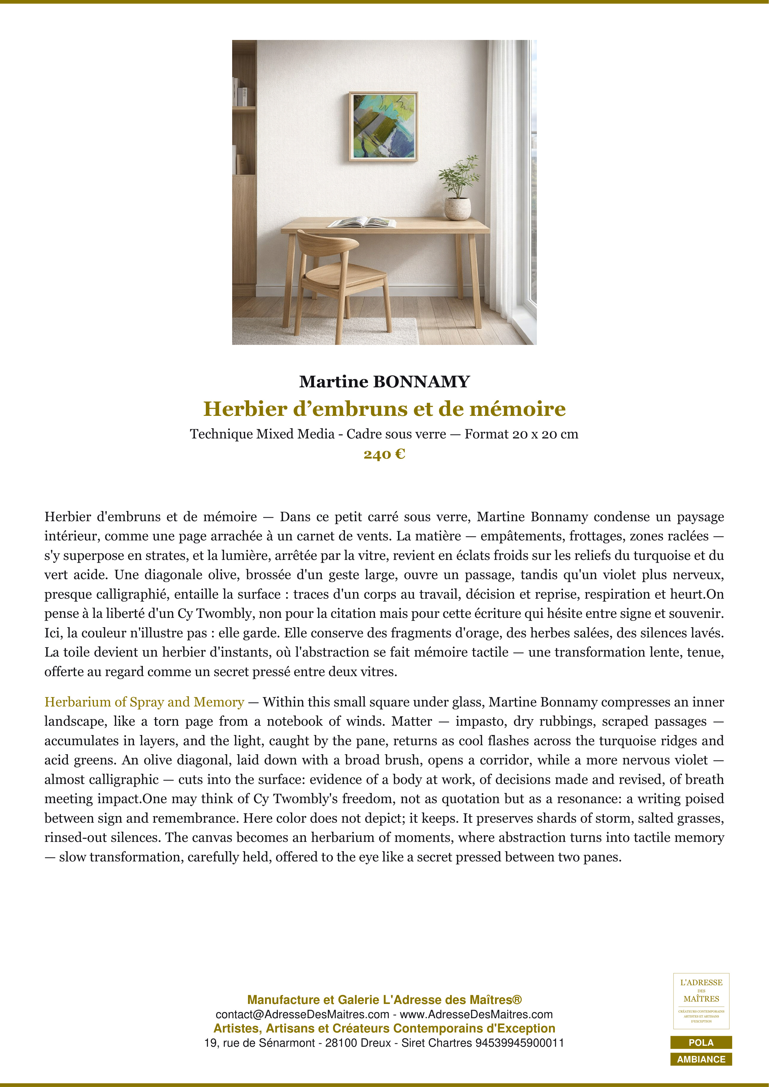 Fiche Premium Ambiance — Herbier d’embruns et de mémoire — Martine BONNAMY — L'Adresse des Maîtres®