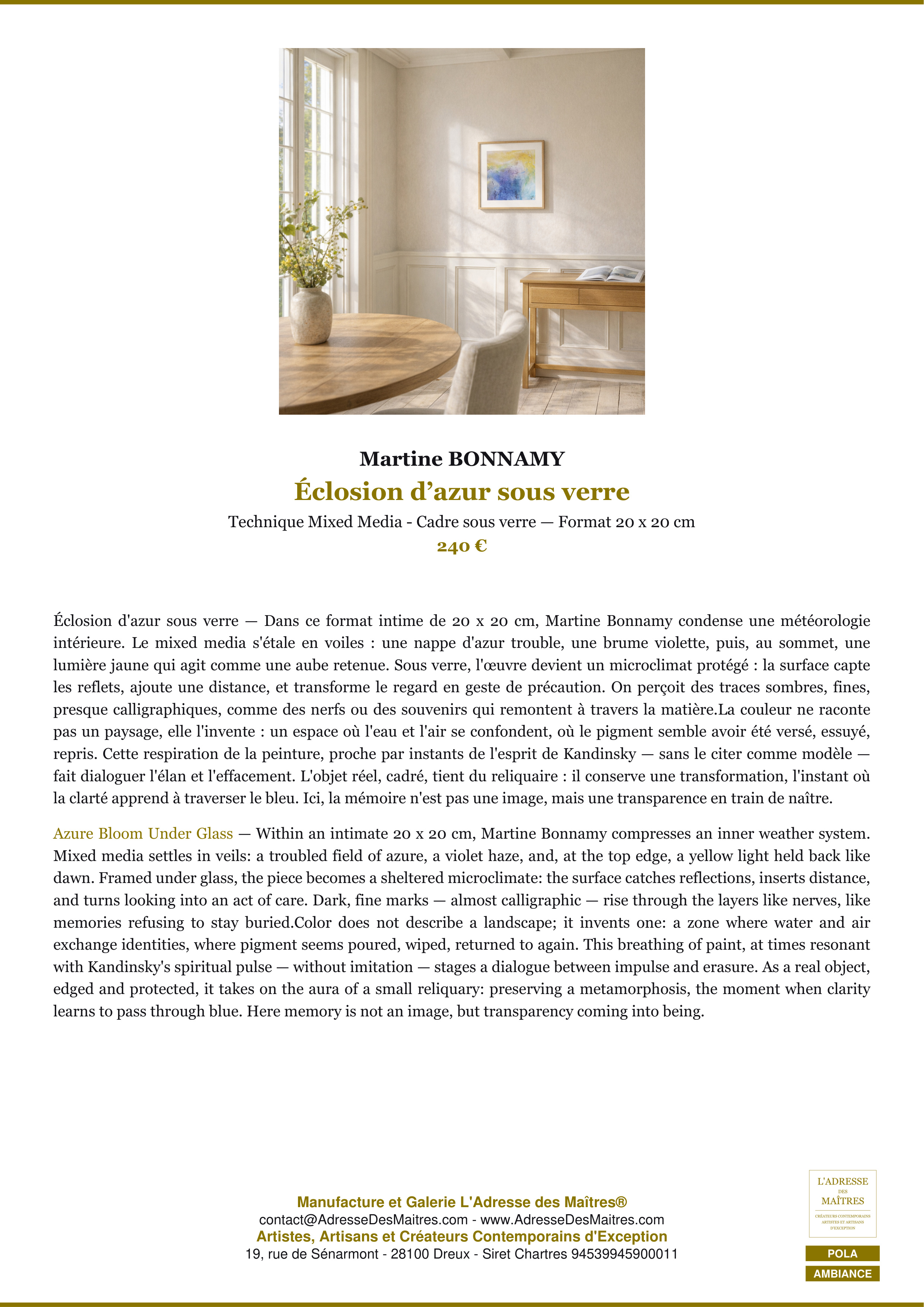 Fiche Premium Ambiance — Éclosion d’azur sous verre — Martine BONNAMY — L'Adresse des Maîtres®