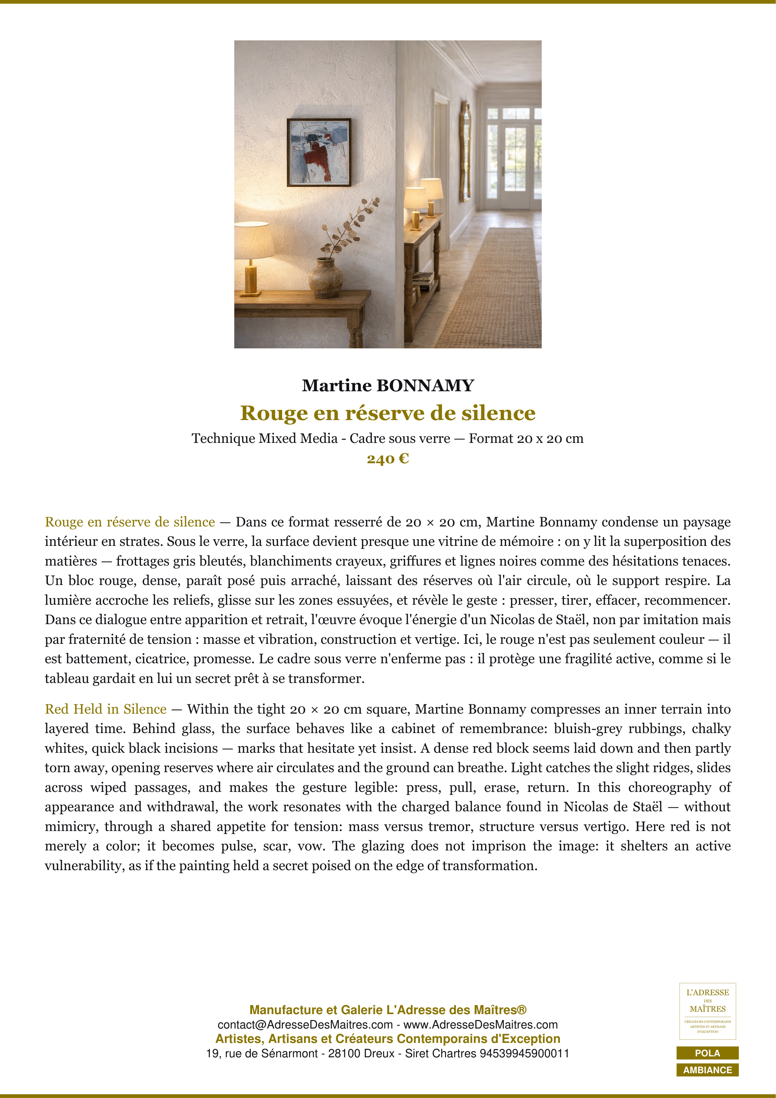 Fiche Premium Ambiance — Rouge en réserve de silence — Martine BONNAMY — L'Adresse des Maîtres®