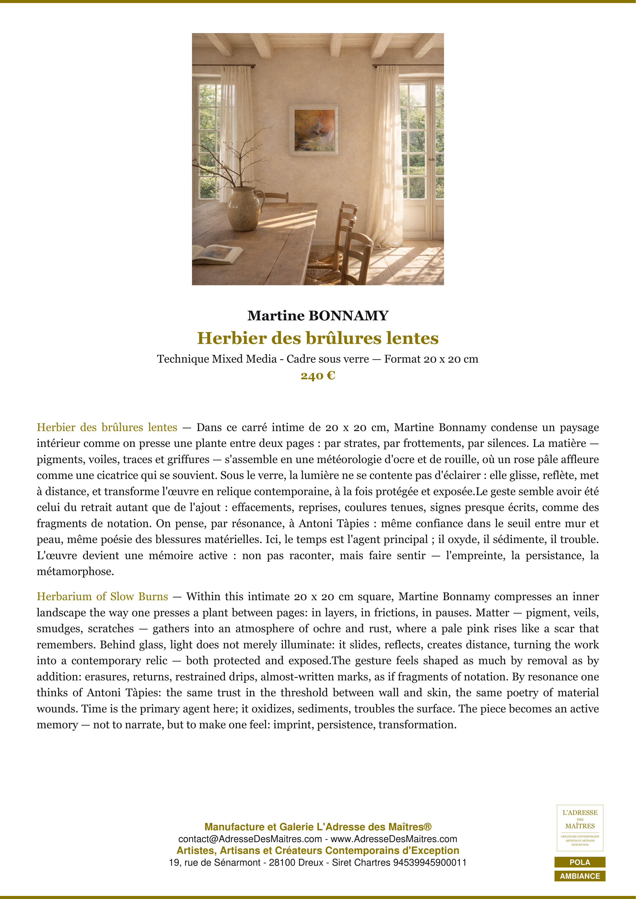 Fiche Premium Ambiance — Herbier des brûlures lentes — Martine BONNAMY — L'Adresse des Maîtres®