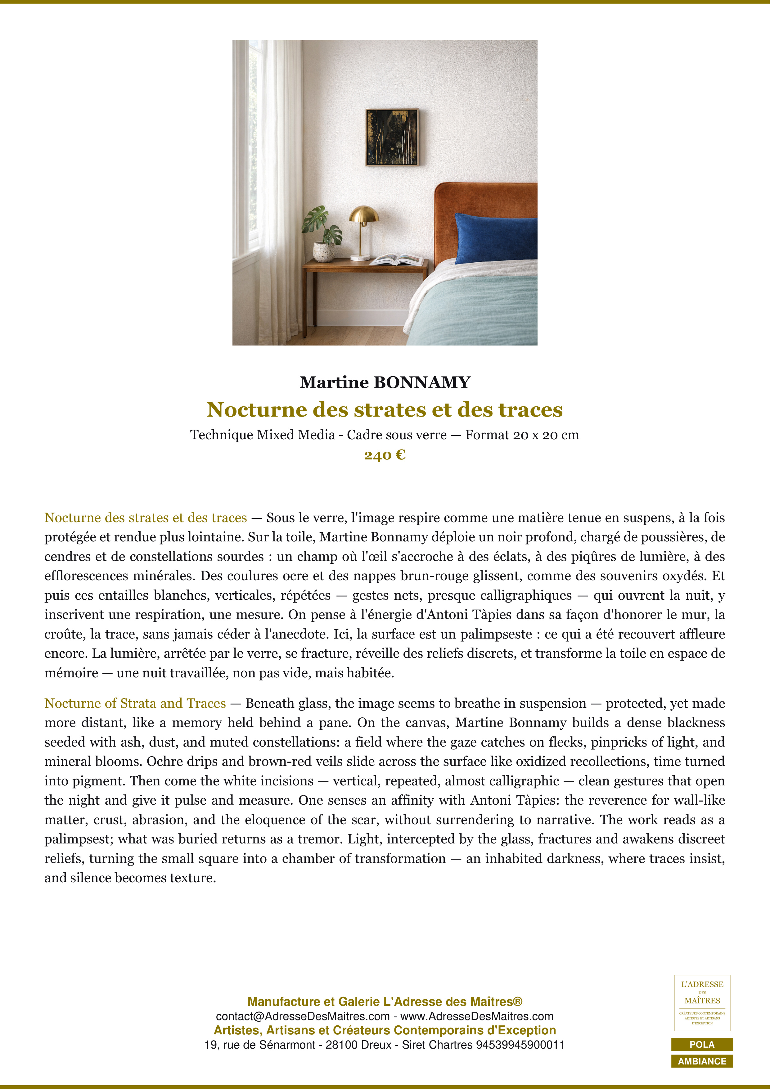 Fiche Premium Ambiance — Nocturne des strates et des traces — Martine BONNAMY — L'Adresse des Maîtres®