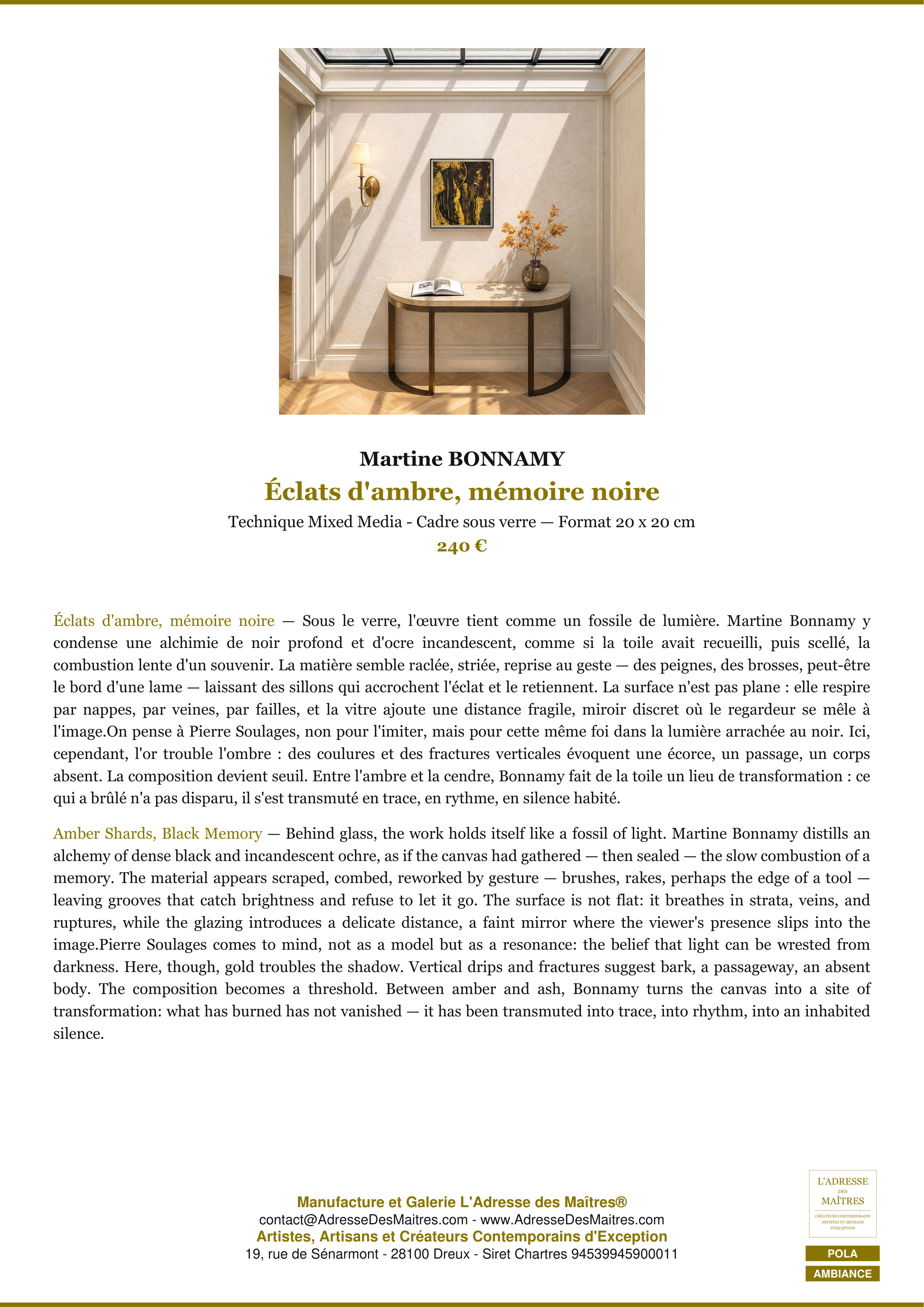 Fiche Premium Ambiance — Éclats d'ambre, mémoire noire — Martine BONNAMY — L'Adresse des Maîtres®