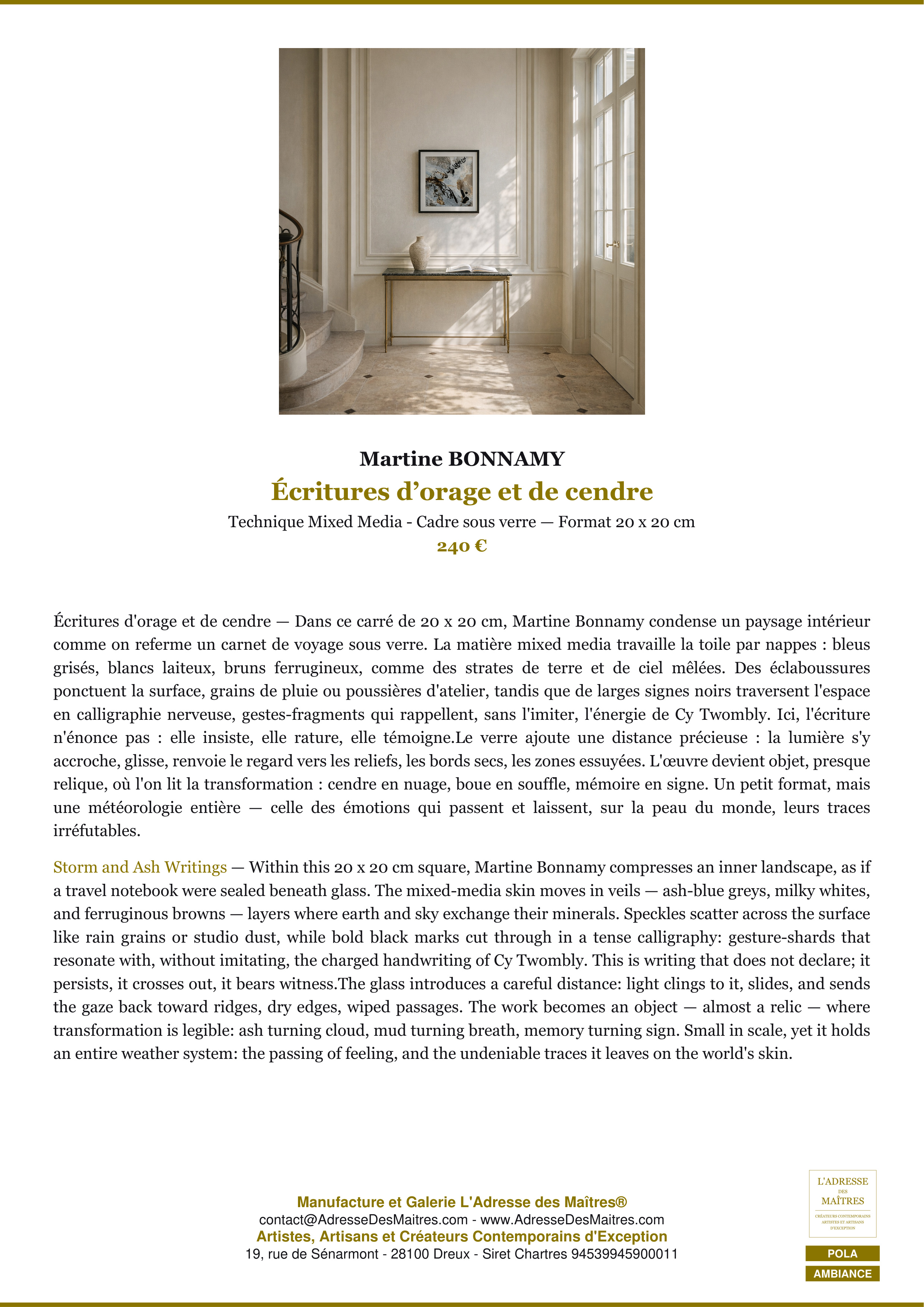 Fiche Premium Ambiance — Écritures d’orage et de cendre — Martine BONNAMY — L'Adresse des Maîtres®