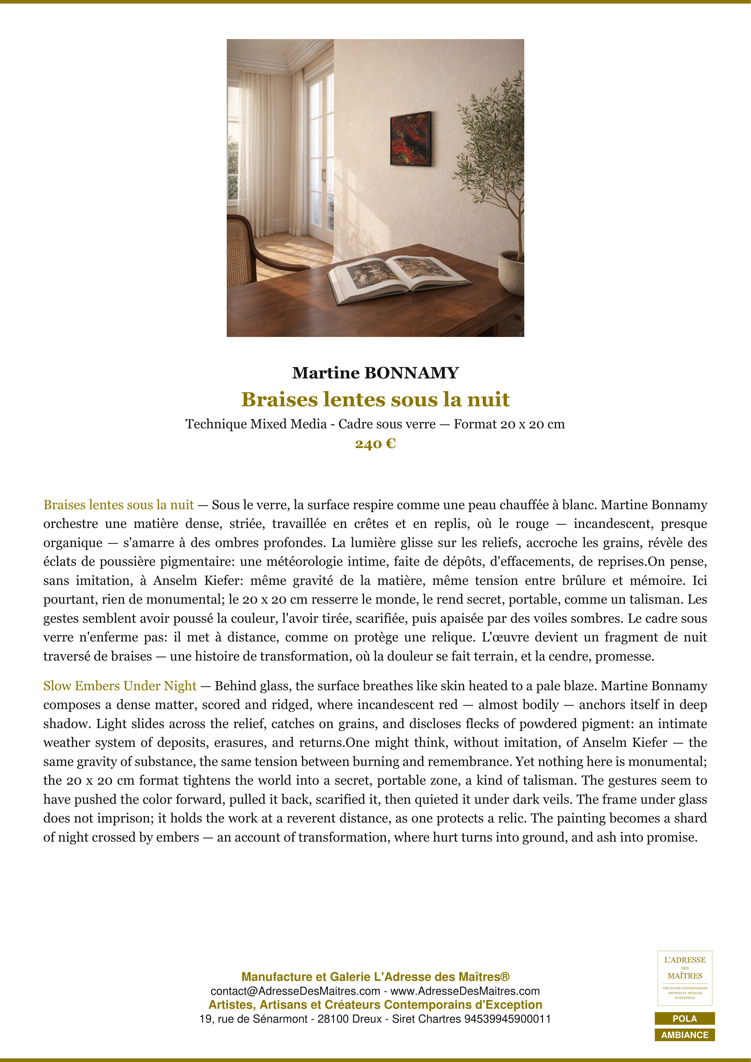 Fiche Premium Ambiance — Braises lentes sous la nuit — Martine BONNAMY — L'Adresse des Maîtres®