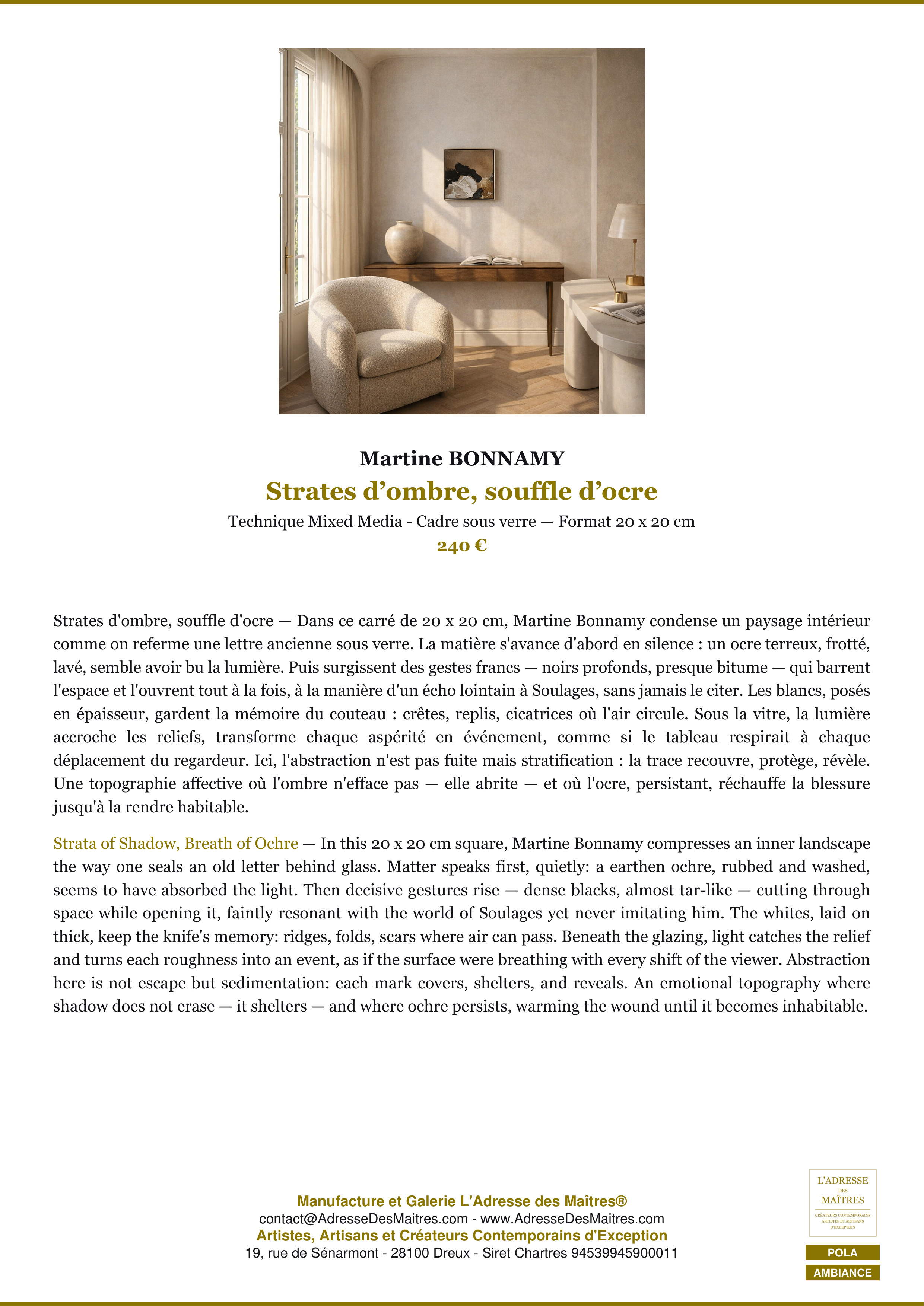 Fiche Premium Ambiance — Strates d’ombre, souffle d’ocre — Martine BONNAMY — L'Adresse des Maîtres®