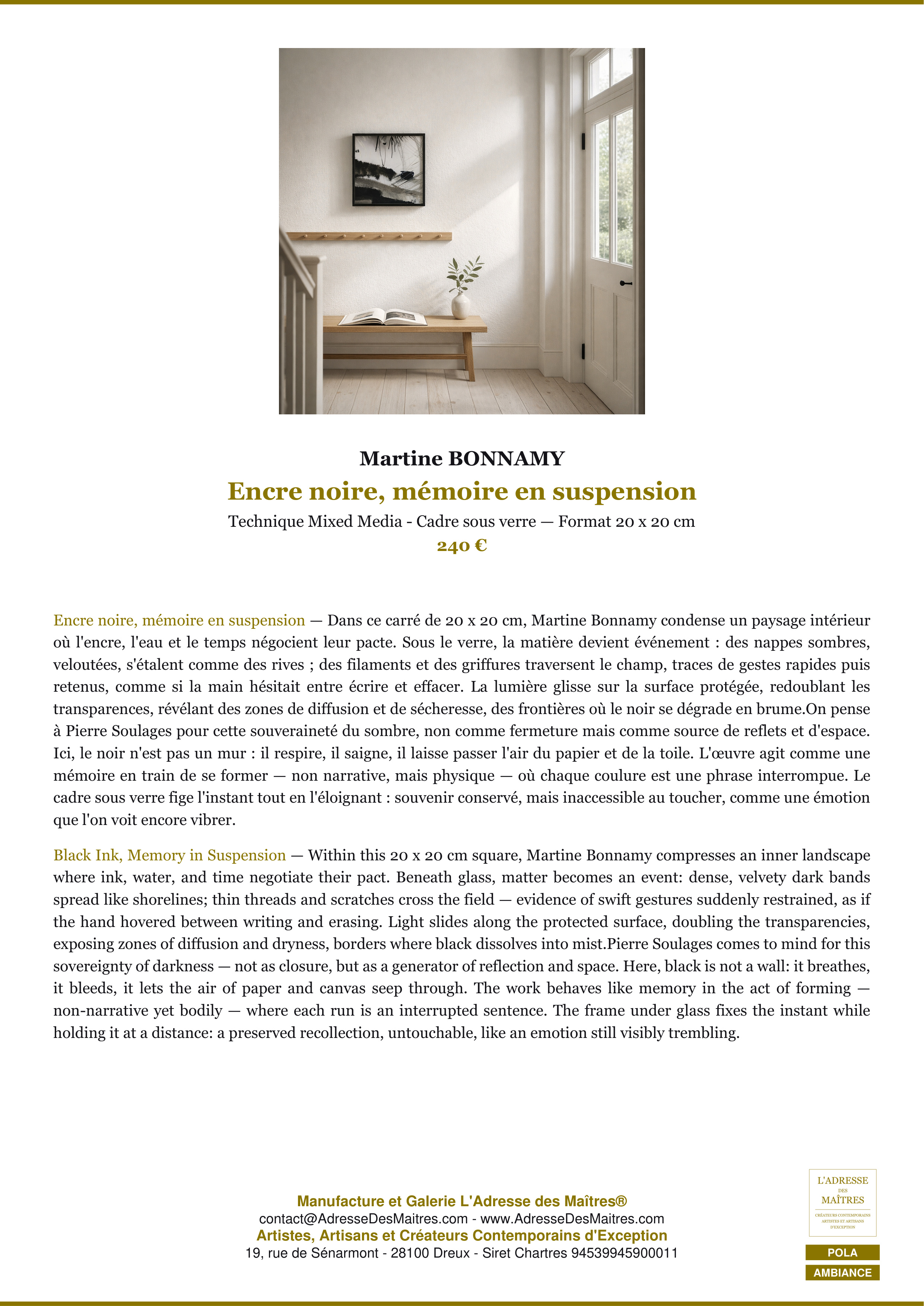 Fiche Premium Ambiance — Encre noire, mémoire en suspension — Martine BONNAMY — L'Adresse des Maîtres®