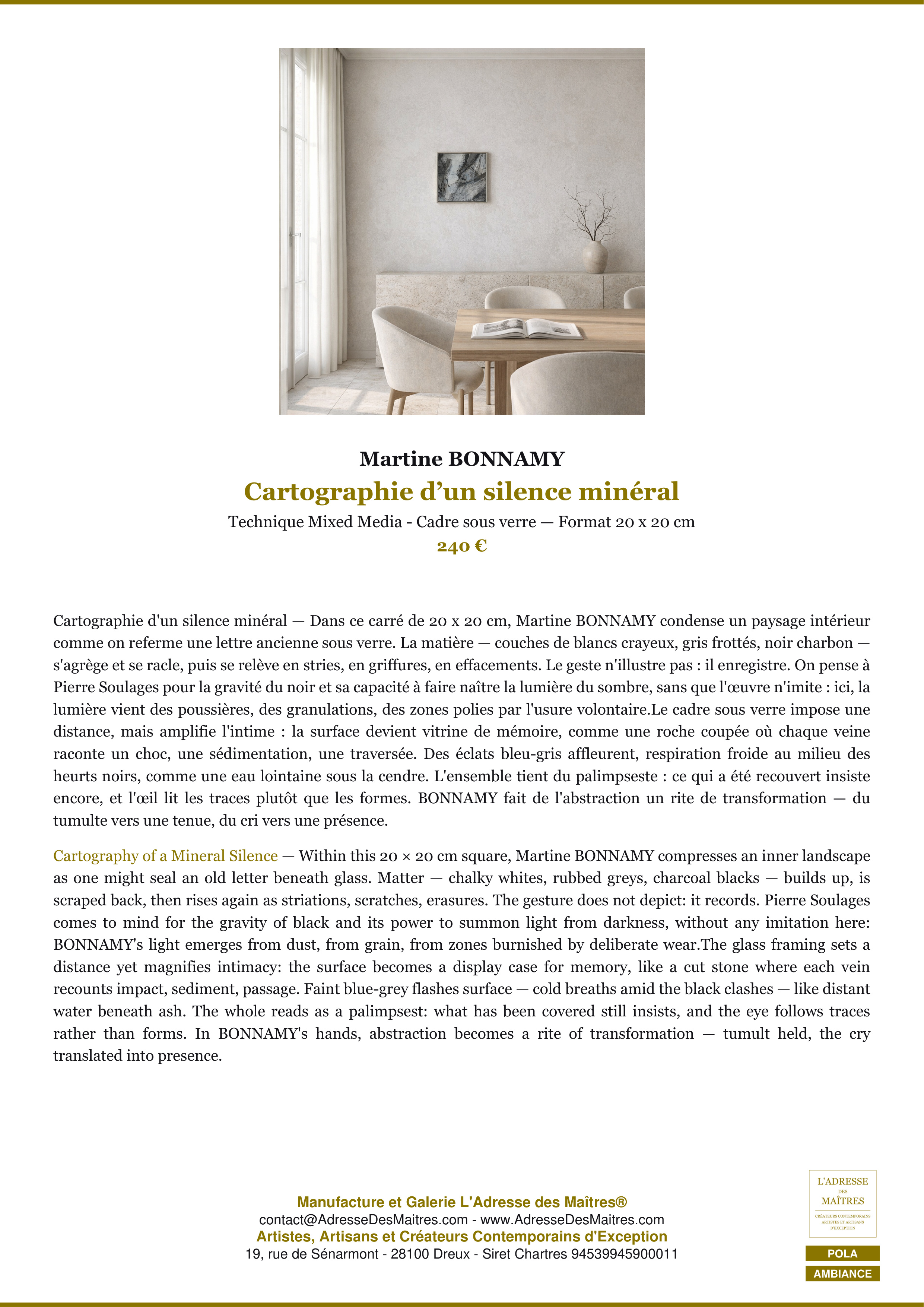 Fiche Premium Ambiance — Cartographie d’un silence minéral — Martine BONNAMY — L'Adresse des Maîtres®
