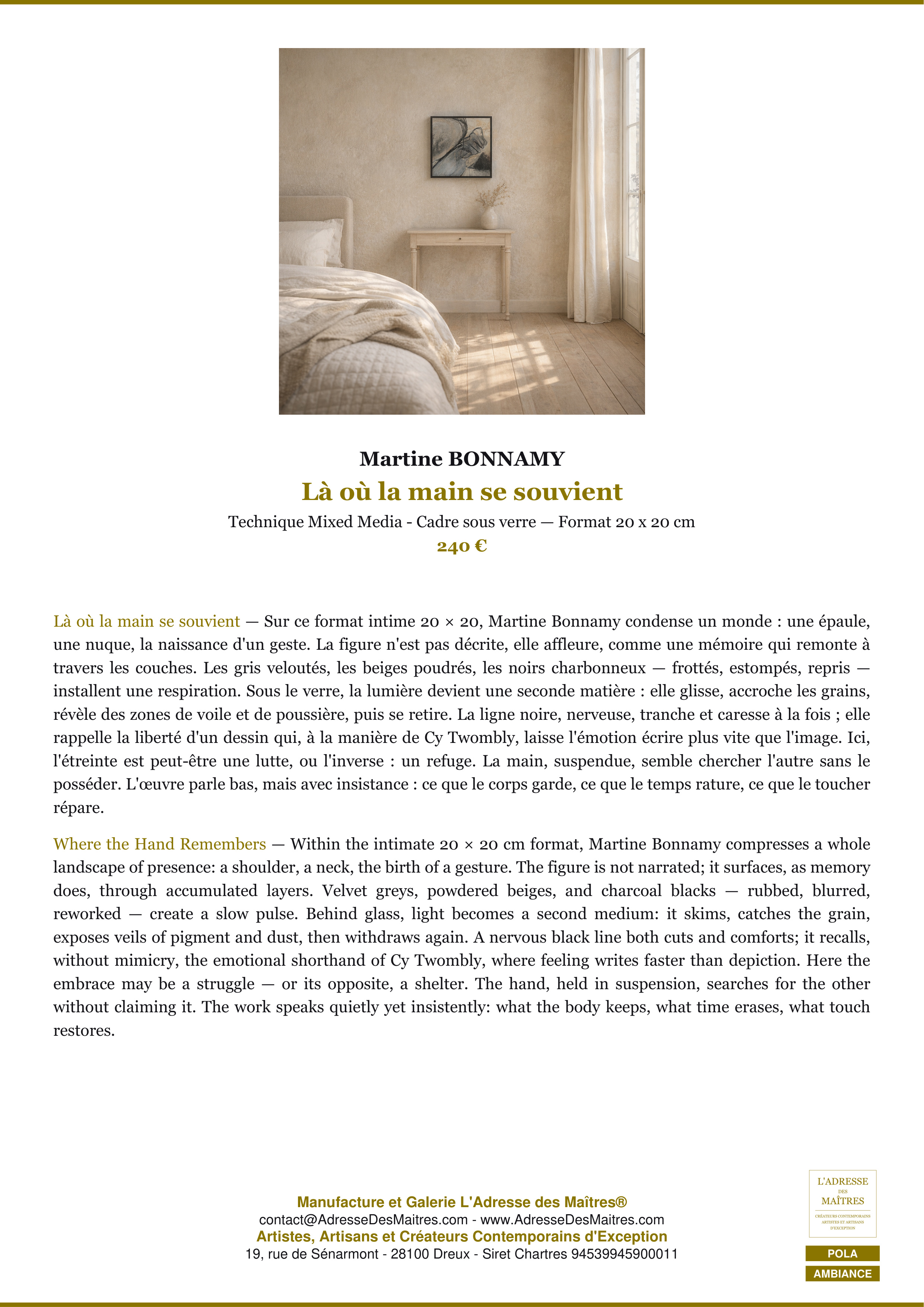 Fiche Premium Ambiance — Là où la main se souvient — Martine BONNAMY — L'Adresse des Maîtres®
