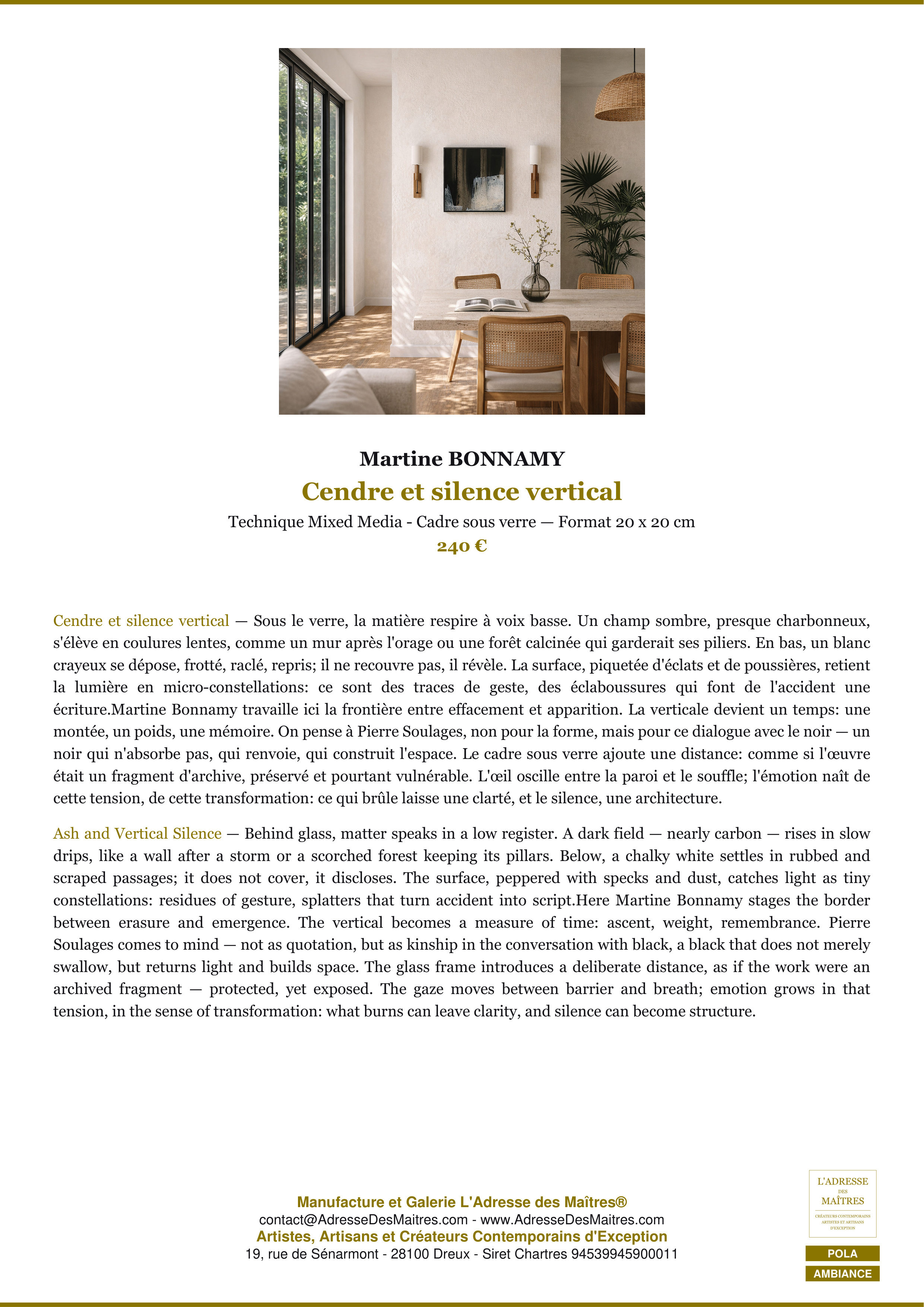 Fiche Premium Ambiance — Cendre et silence vertical — Martine BONNAMY — L'Adresse des Maîtres®