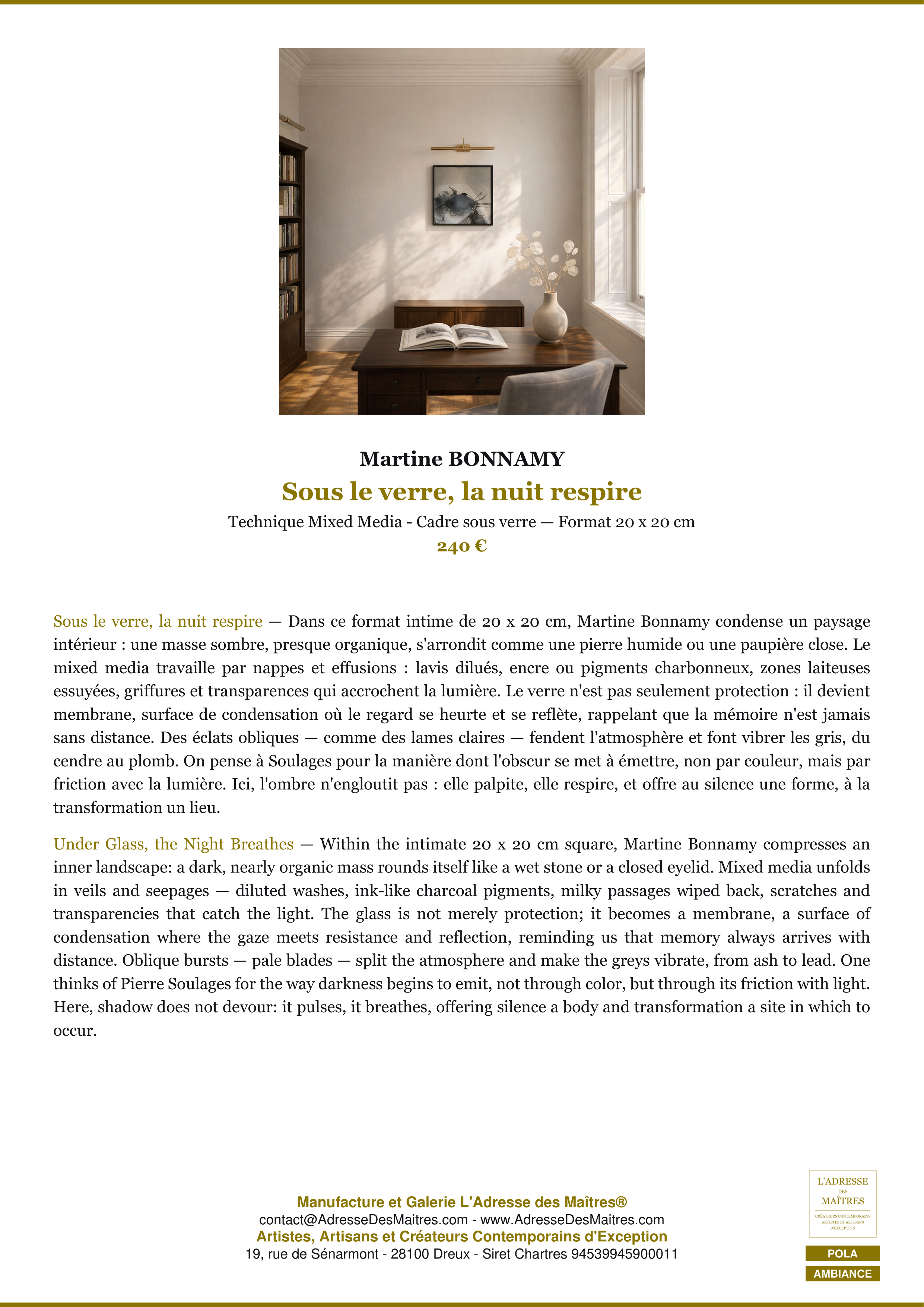 Fiche Premium Ambiance — Sous le verre, la nuit respire — Martine BONNAMY — L'Adresse des Maîtres®