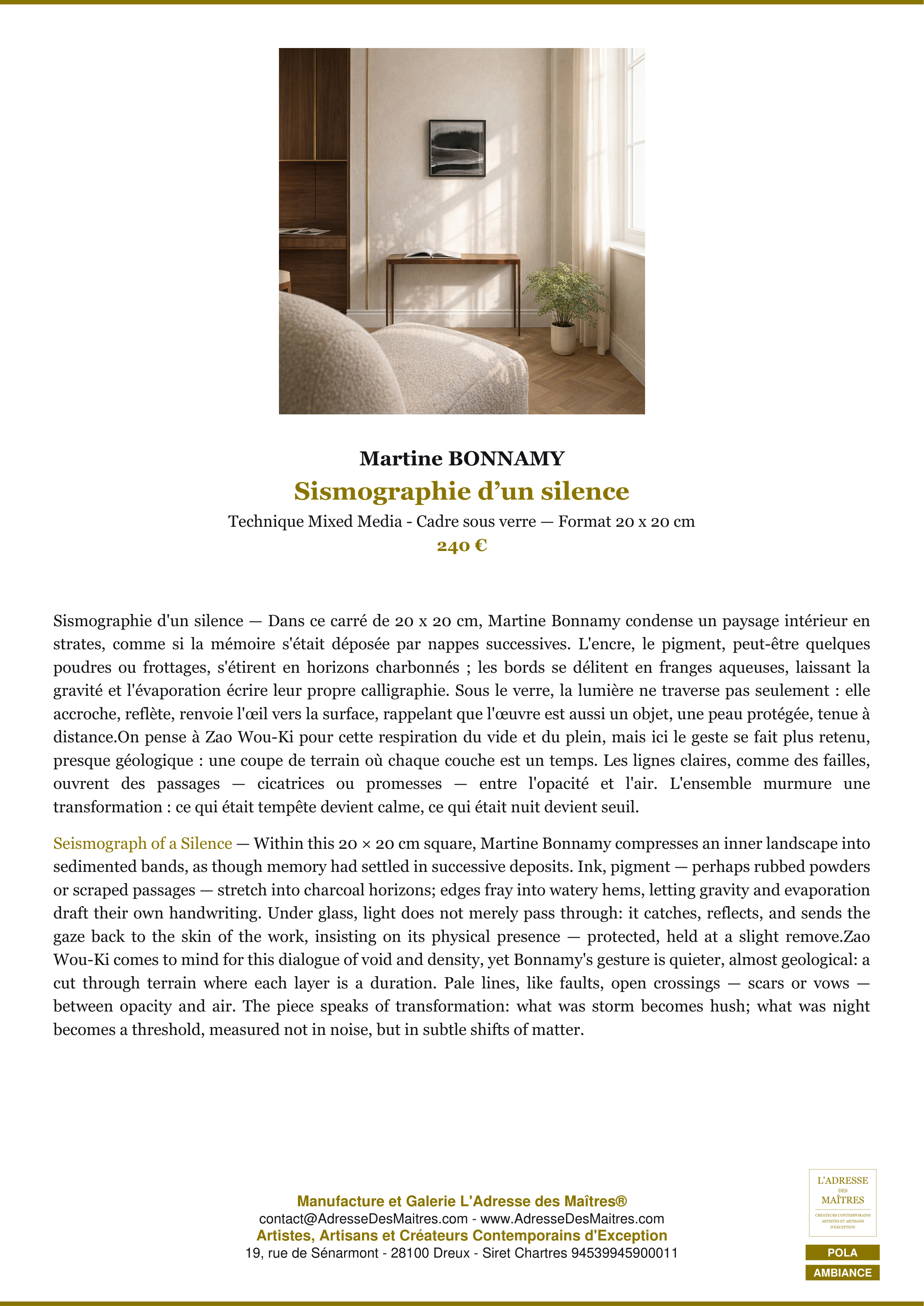 Fiche Premium Ambiance — Sismographie d’un silence — Martine BONNAMY — L'Adresse des Maîtres®