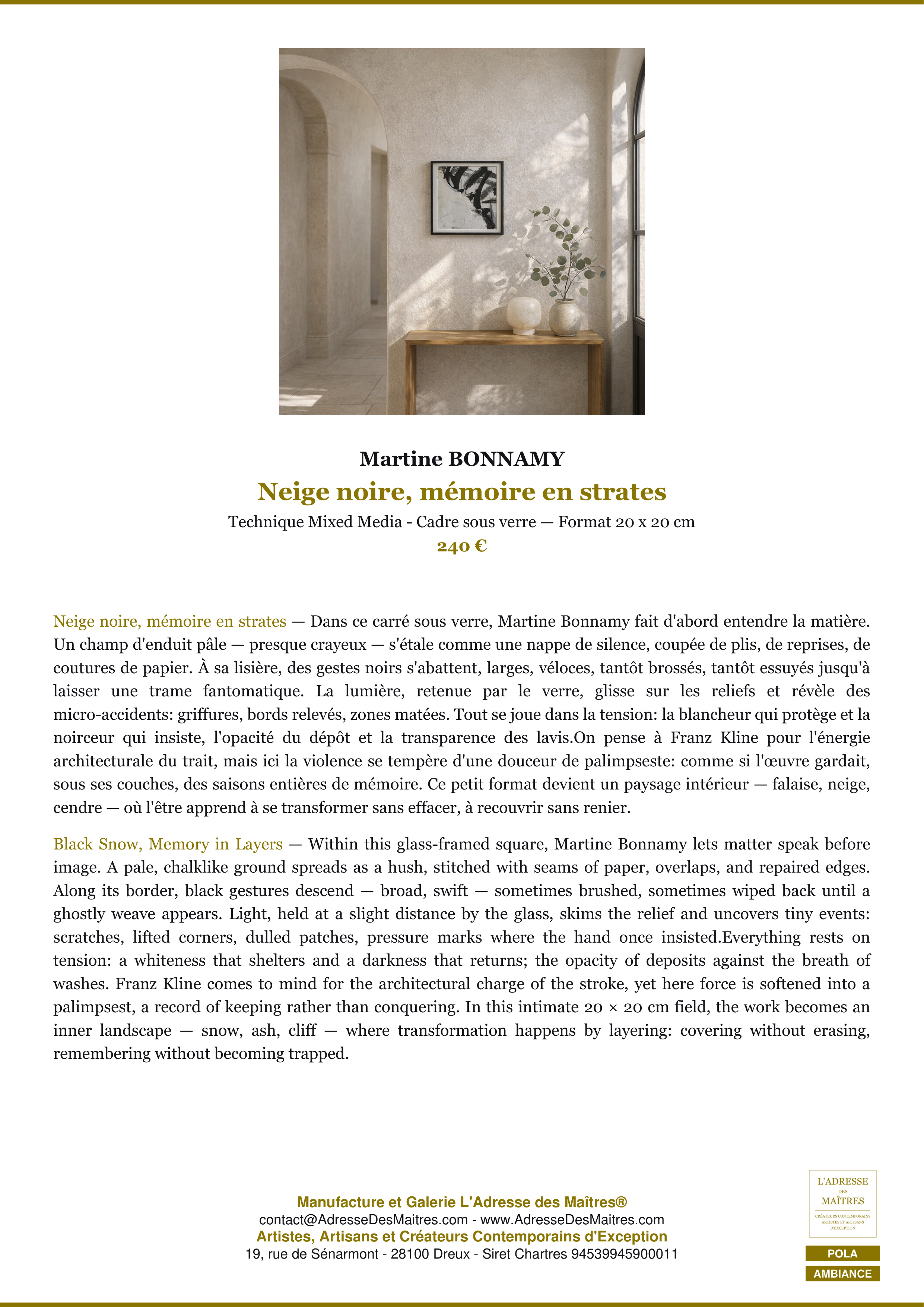 Fiche Premium Ambiance — Neige noire, mémoire en strates — Martine BONNAMY — L'Adresse des Maîtres®