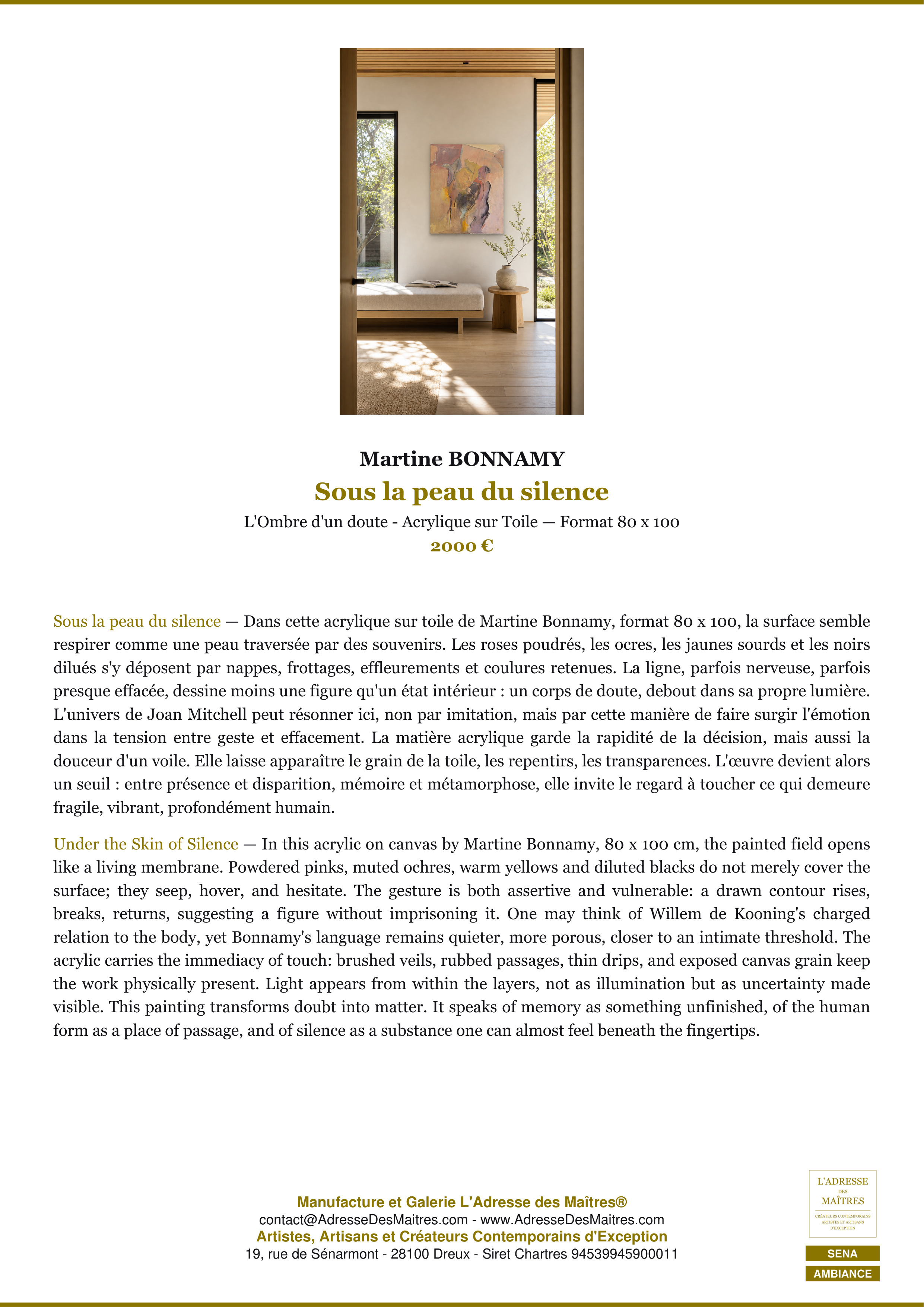 Fiche Premium Ambiance — Sous la peau du silence — Martine BONNAMY — L'Adresse des Maîtres®