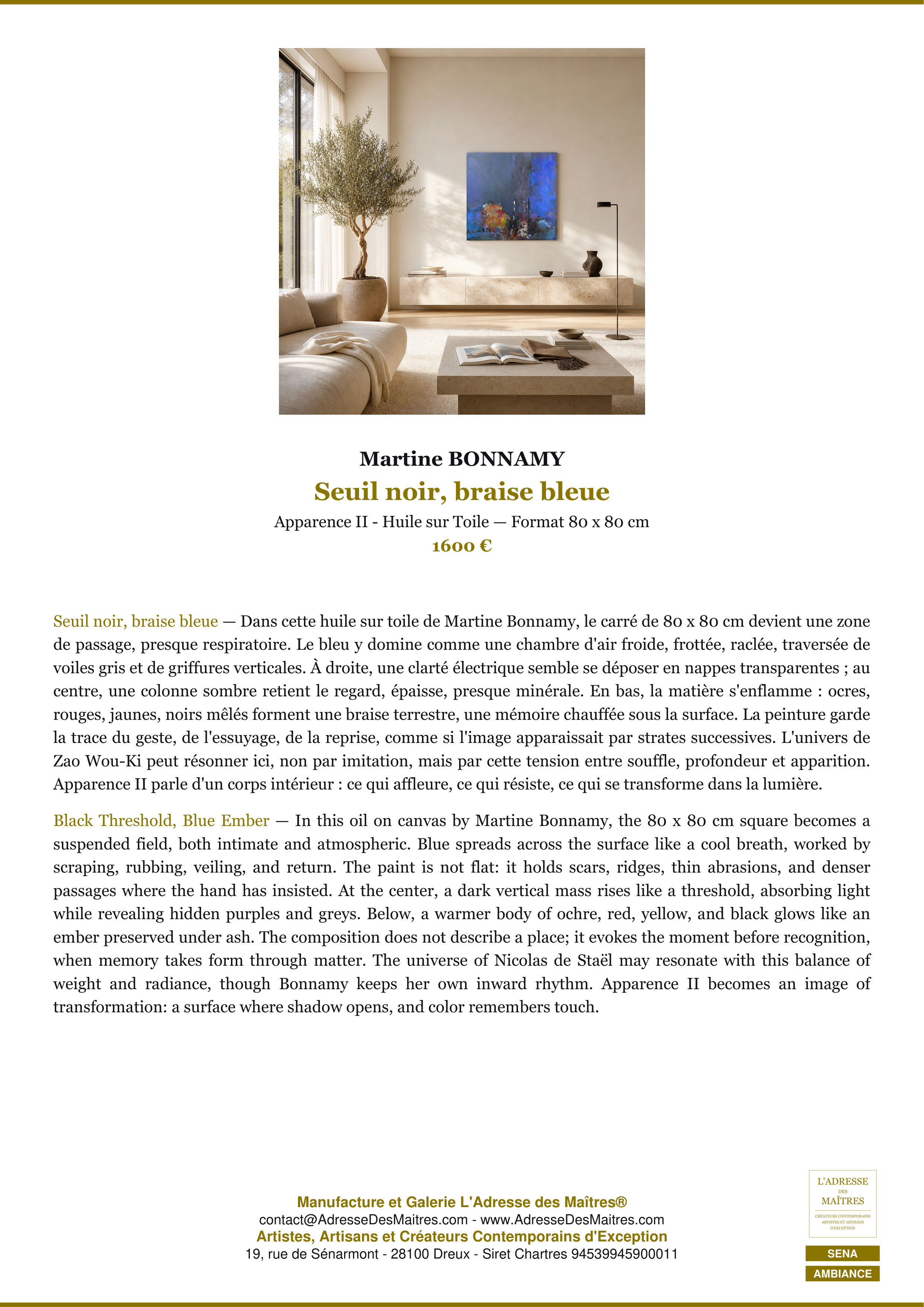 Fiche Premium Ambiance — Seuil noir, braise bleue — Martine BONNAMY — L'Adresse des Maîtres®