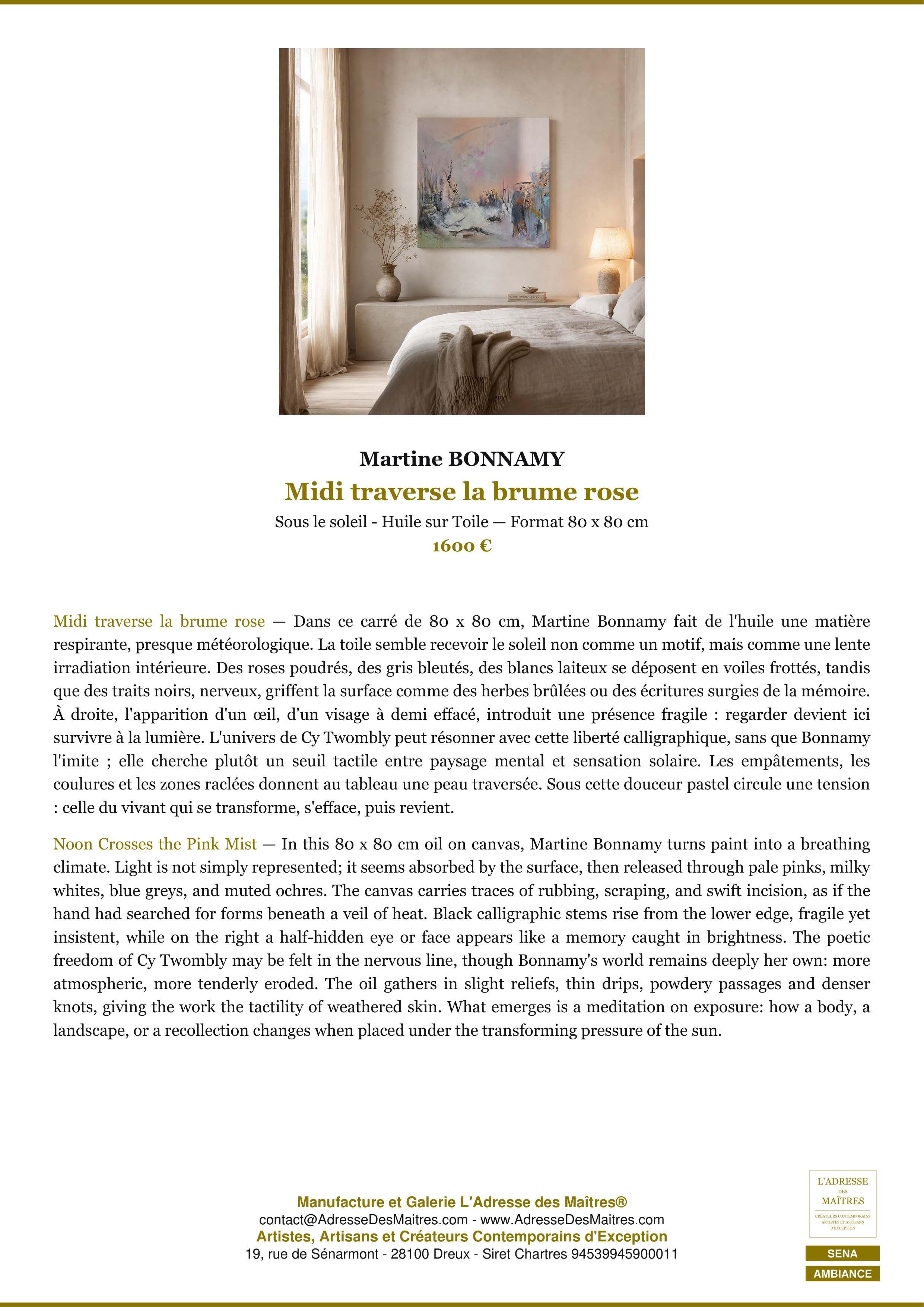 Fiche Premium Ambiance — Midi traverse la brume rose — Martine BONNAMY — L'Adresse des Maîtres®